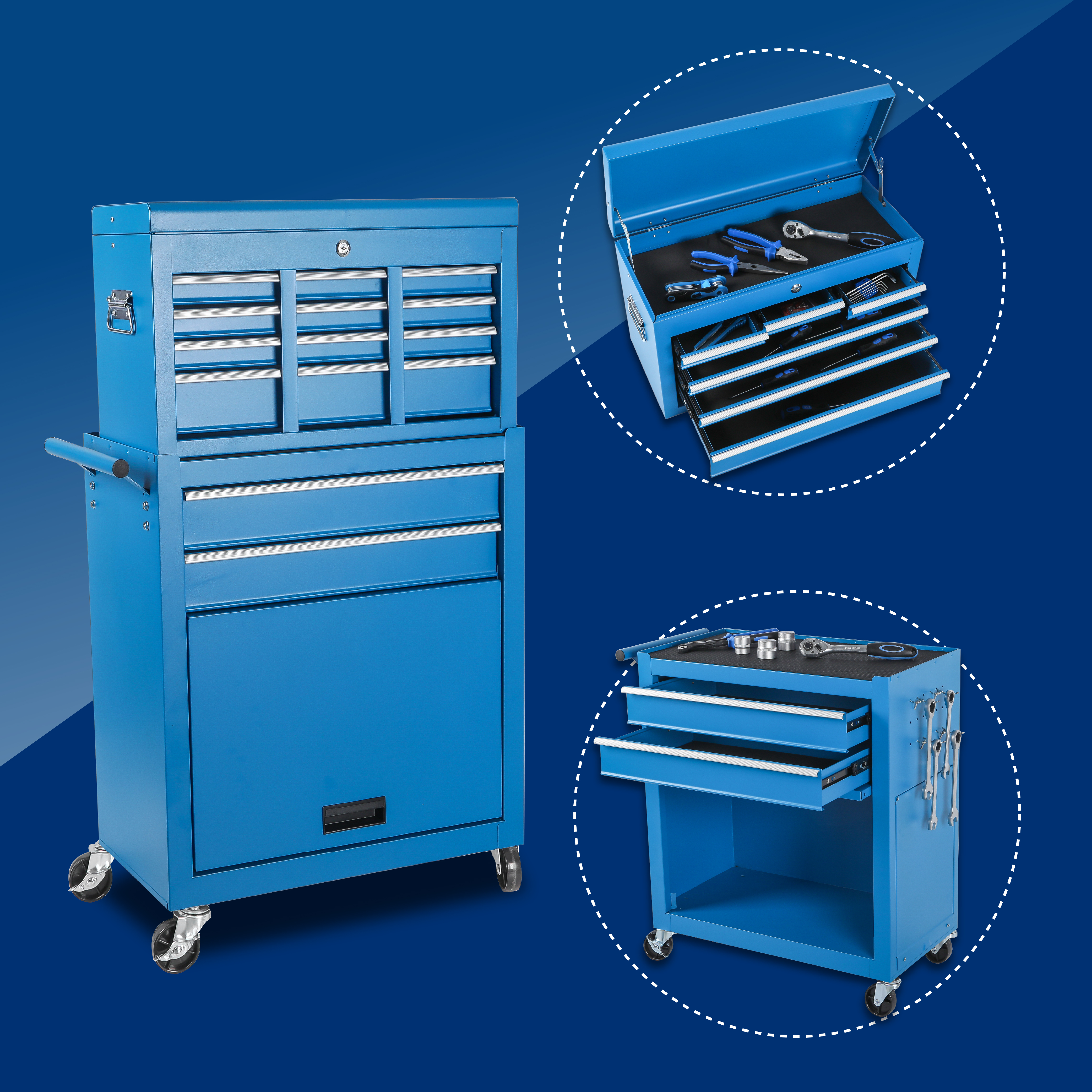 Tool Chest, 8-Drawer Rolling Tool Storage Cabinet with 2 in 1 Detachable Top Tool Box, Liner, Lockable Wheels, Side Hooks, Metal Tool Cart for Garage — foto 6