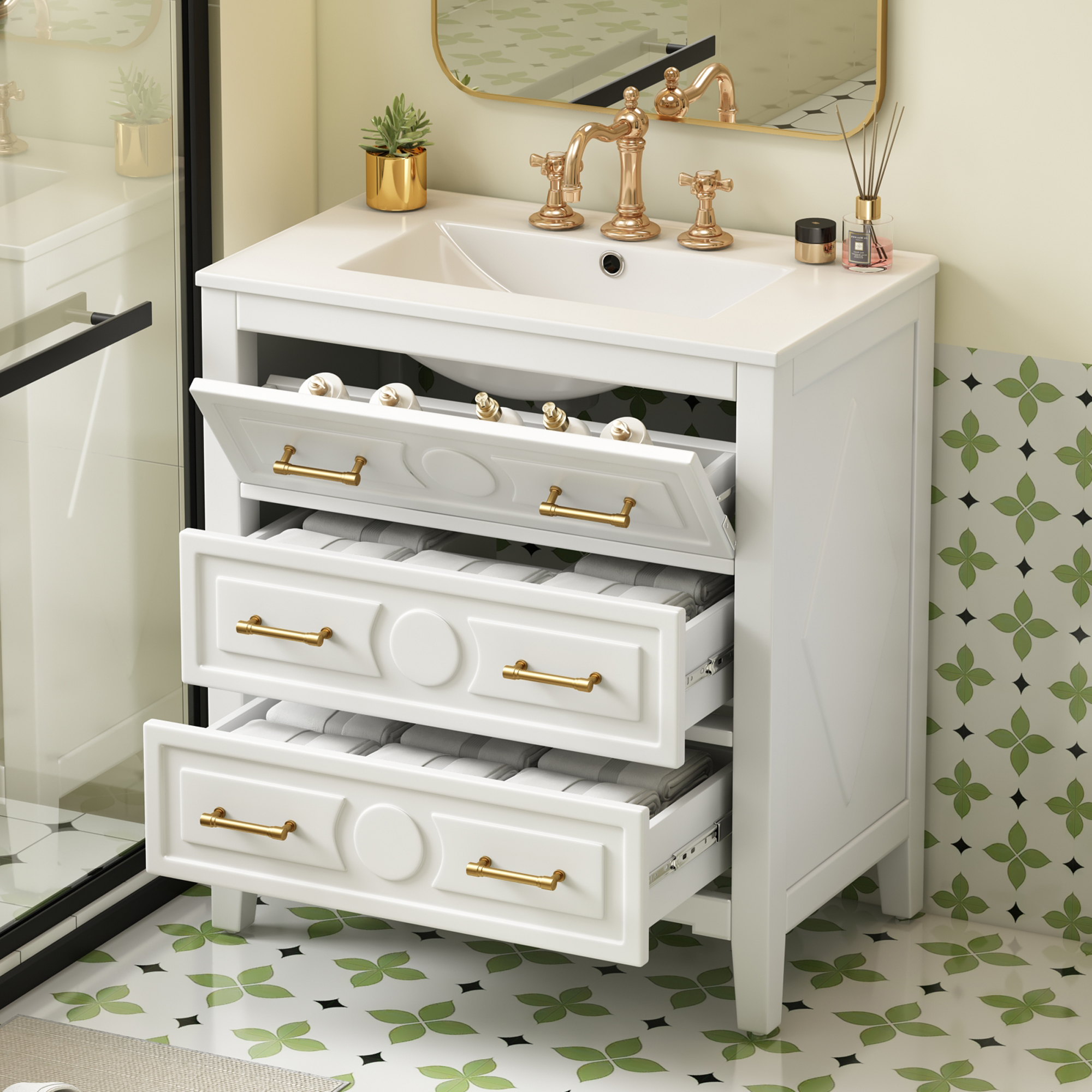 30'' Bathroom Vanity with Ceramic Sink Combo, Free Standing Single Vanity Set with 3 Drawers, Solid Wood Frame Bathroom Storage Cabinet, White — foto 3
