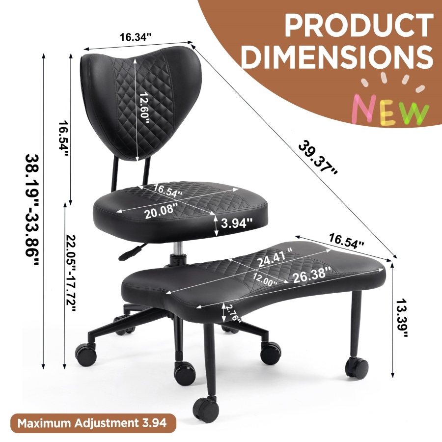 Meditation chair, an ergonomic cross-legged seating chair with lumbar support and a height-adjustable seat cushion, ideal for people engaged in high-intensity office work. Black