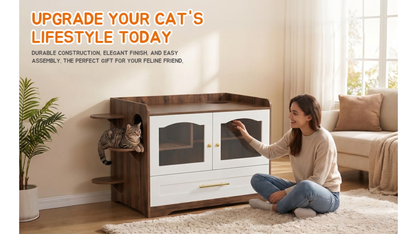 Cat Litter Box Enclosure Furniture, Dog Proof Hidden Litter Box Cabinet with Acrylic Door, Extra Long Runway & Drawer, Cat Play Area for Indoor Cats detail photo 1