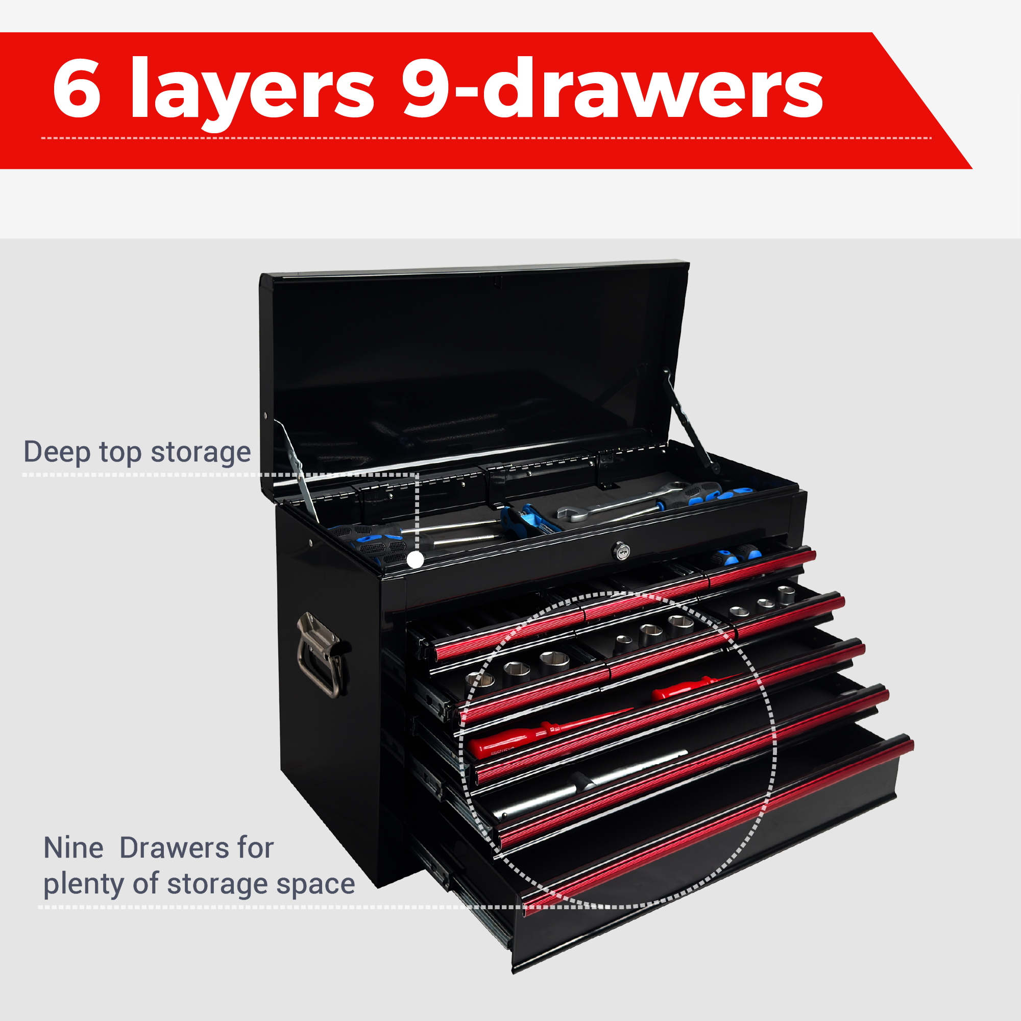 Heavy Duty Metal Tool Box, 24-inch, Portable Metal Tool Box with 9 Drawers, Small Tool Chest with EVA Liners, Ball Bearing Slide Drawers Locking & Powder Coated Finish, Multi-Function Tool Organizer — foto 3