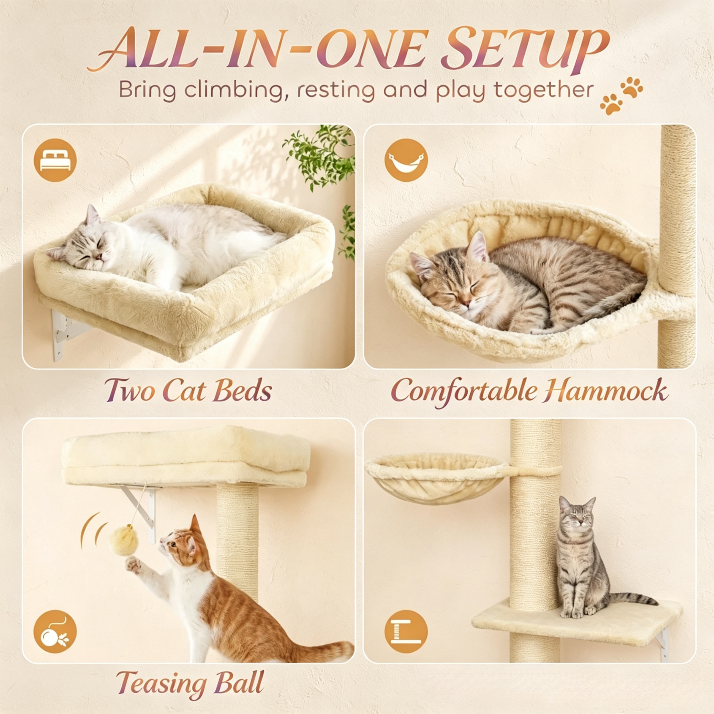 3‑in‑1 Cat Wall Shelves Furniture Set with Scratching Post for Indoor Kittens Climbing Sleeping — image 1