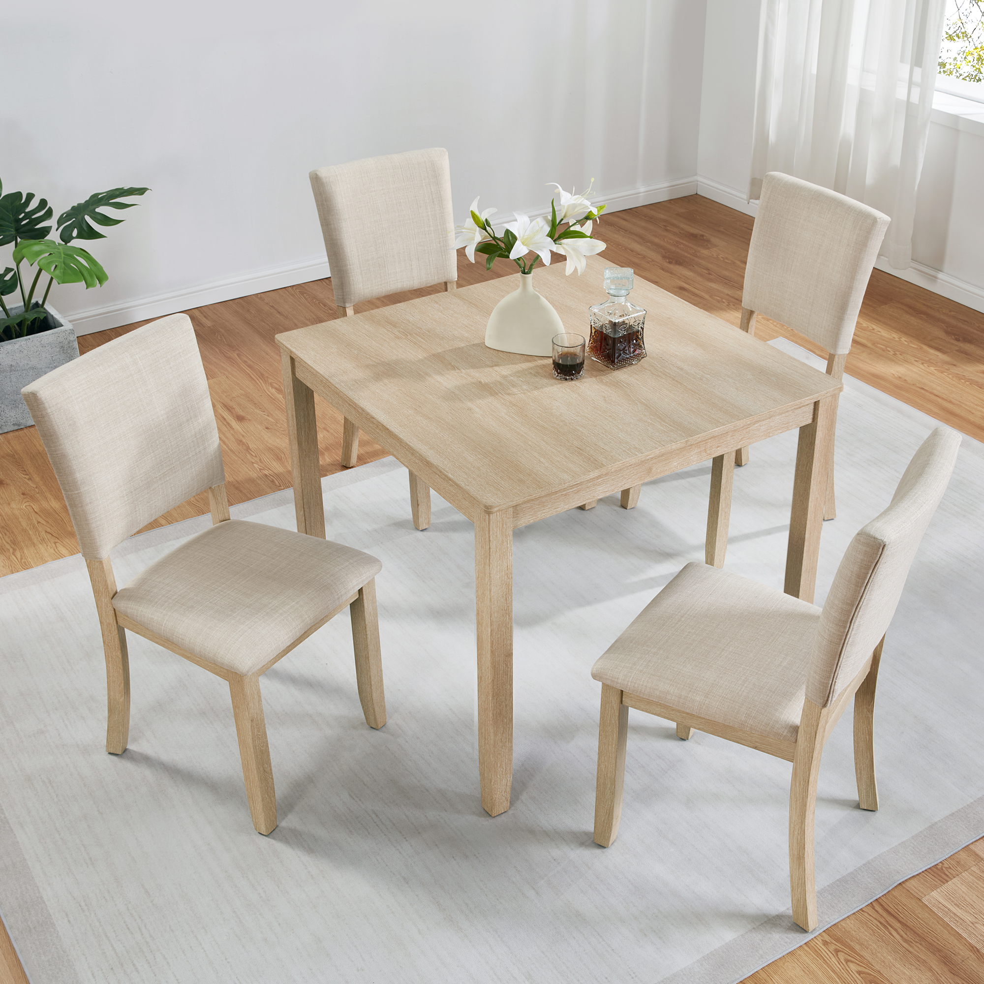 Modern 4 Person Dining Table Set with 4 Chairs, Dining Table Set for 4 People, 5-piece Wooden Dining Table Set for Living Room, Kitchen and Dining Room, Light Oak + Beige — foto 2