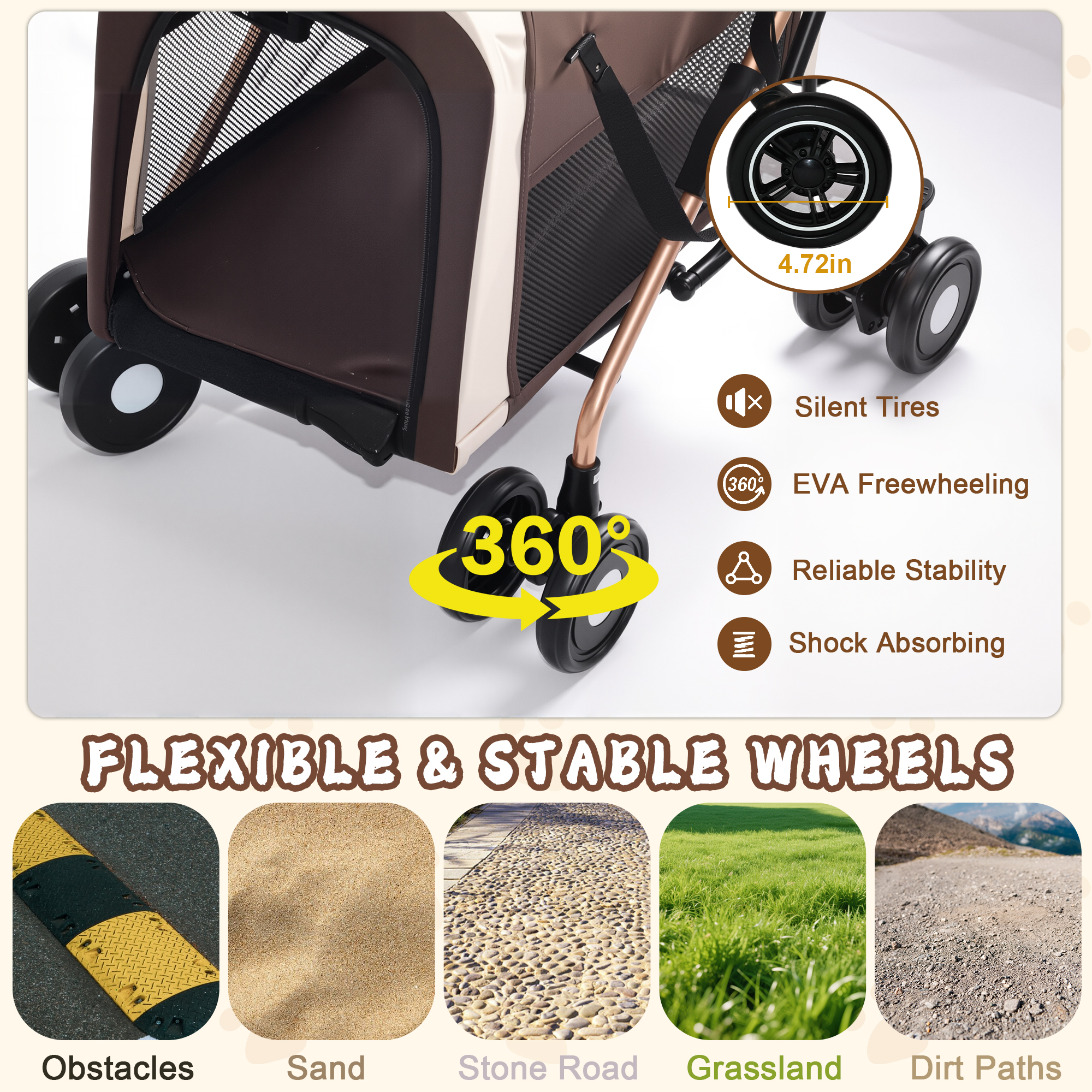 Double Pet Stroller for Dogs and Cats, Foldable Frame, 3-in-1 Convertible Carrier/Tote, Shockproof Wheels, Brake System, Fixed Safety Leashes for Small/Medium Pets in Multi-Pet Homes(Khaki)