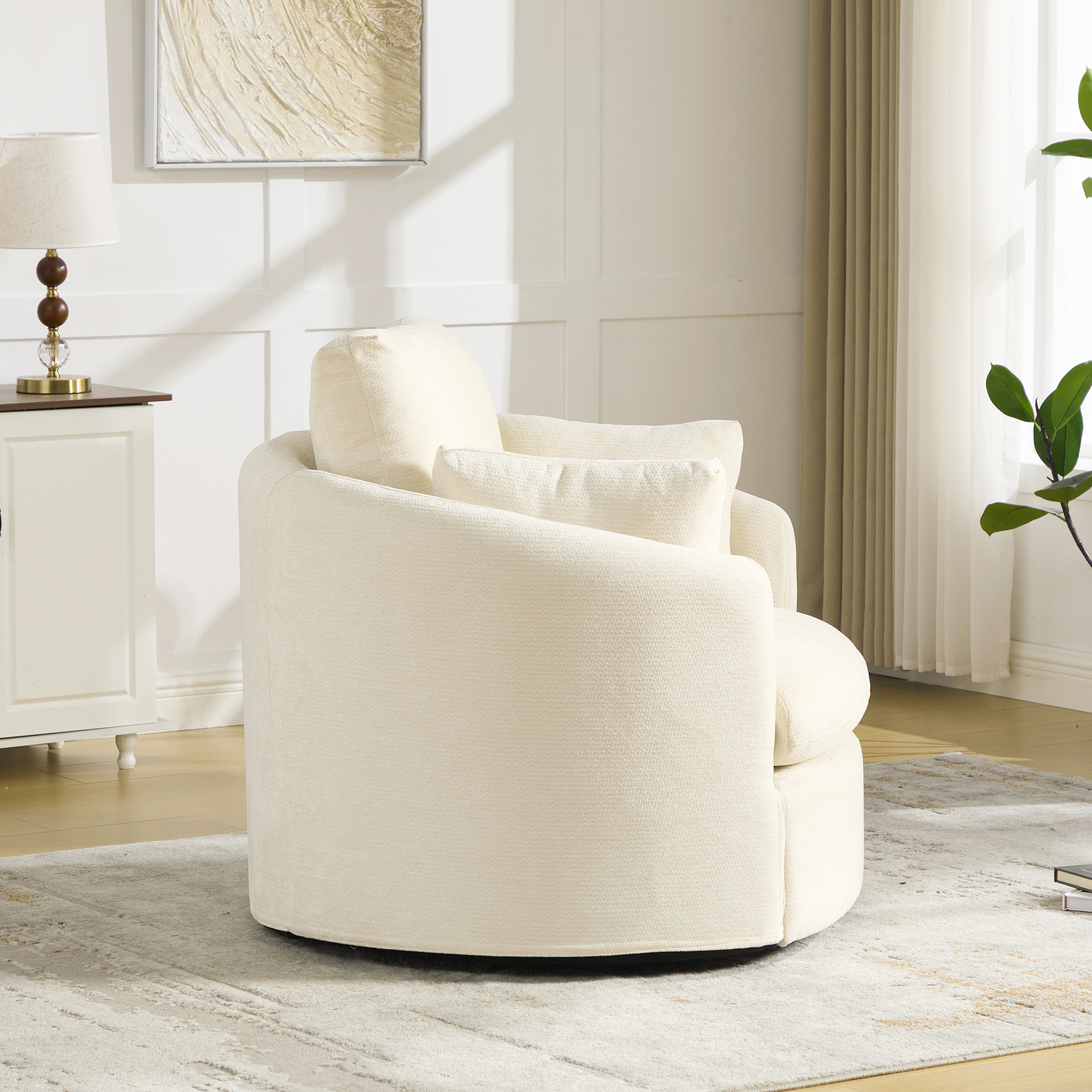 42.52"W Swivel Barrel Chair with Chenille, 360° Swivel Accent Chair with 3 Plump Pillows, Swivel Round Chair with Removable Cushion for Living Room Bedroom Apartment, Beige — foto 5