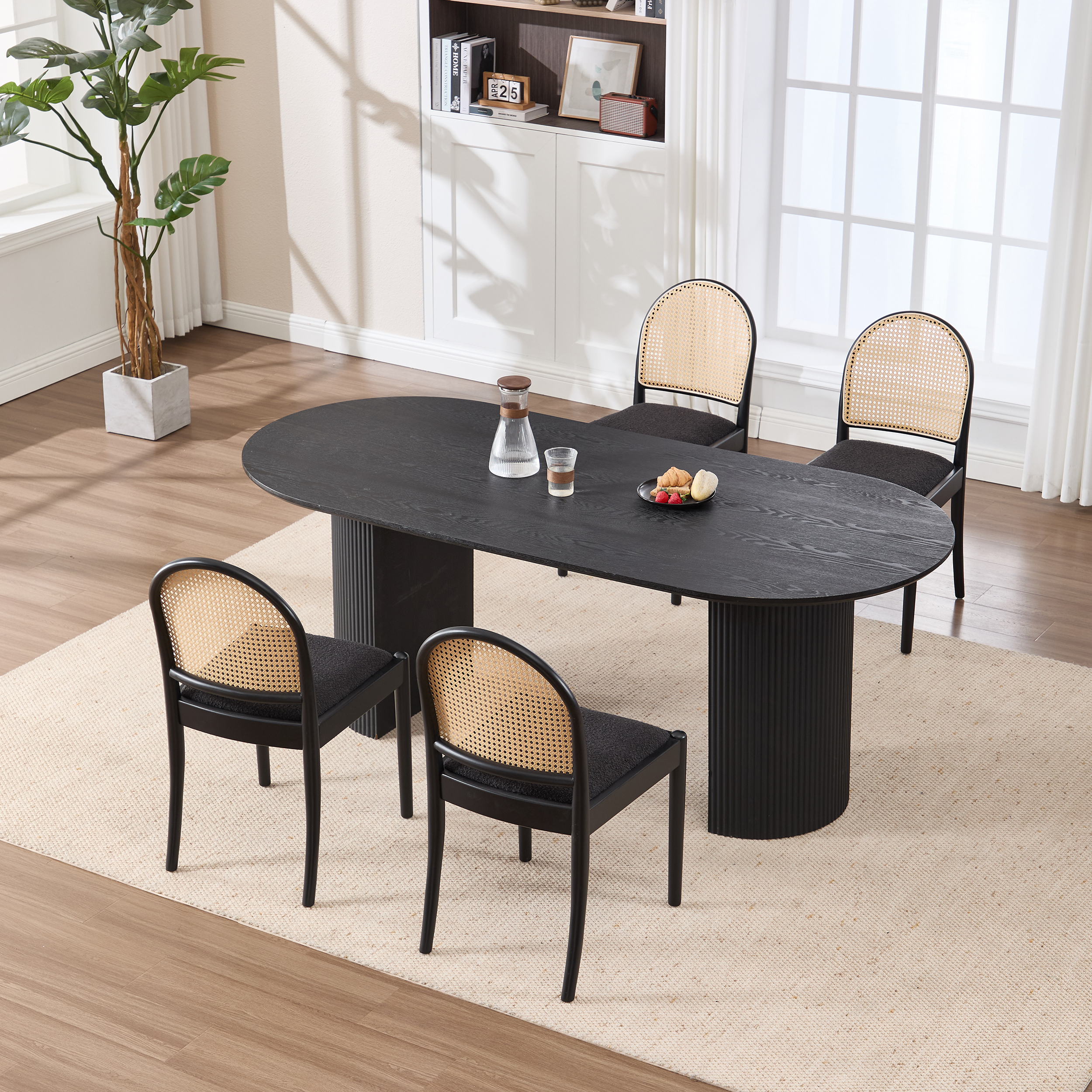 Rattan Dining Chairs Set of 2, Upholstered Linen Dining Room Chairs with Backrests, Modern Kitchen Chairs with Wood Legs for Dining Room, Black — foto 3