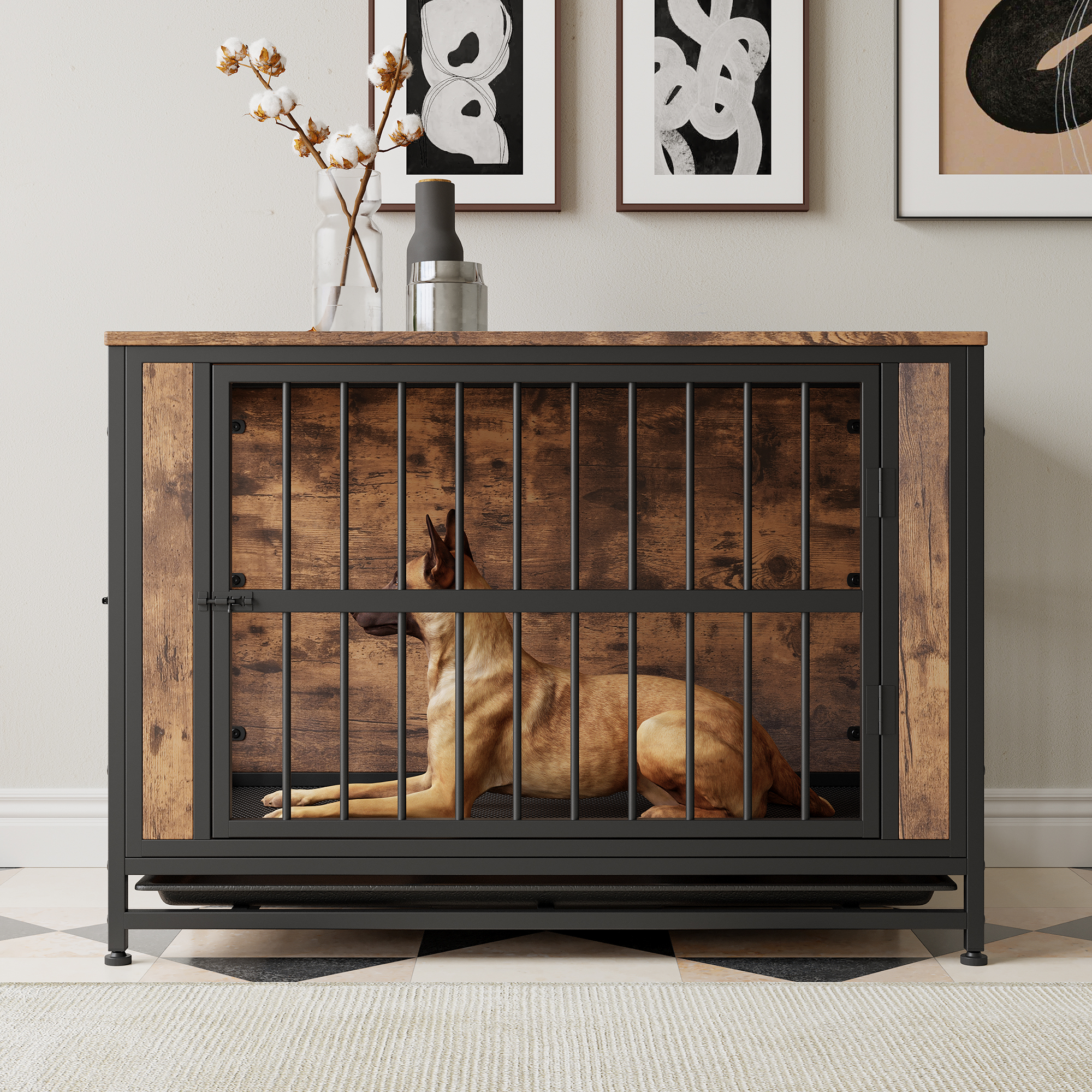 Dog Crate Furniture,  Wooden Dog Crate Table, 38.9" Dog Kennel with 2 Sliding Doors and Thick Iron Door Frame, Decorative Pet Crate House for Large/Medium/Small Dog Indoor Use(Rustic Brown) — foto 5