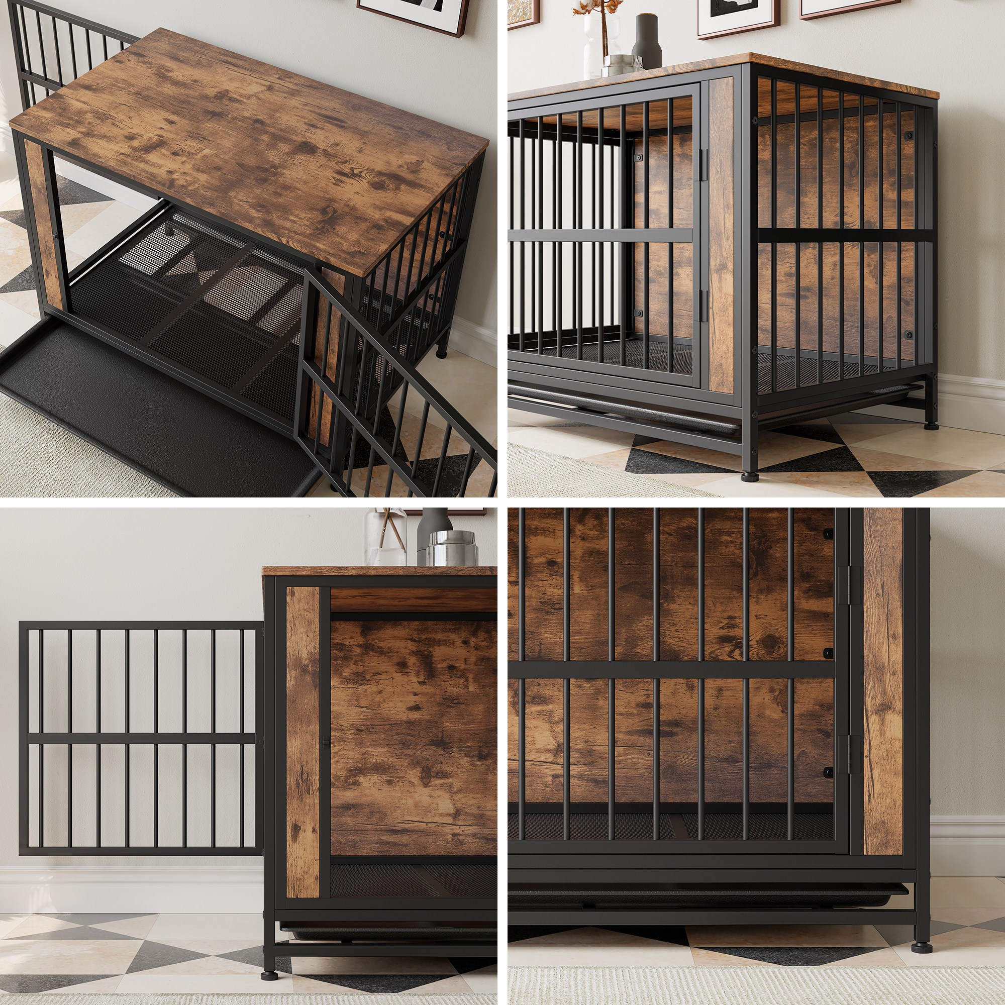 Dog Crate Furniture,  Wooden Dog Crate Table, 38.9" Dog Kennel with 2 Sliding Doors and Thick Iron Door Frame, Decorative Pet Crate House for Large/Medium/Small Dog Indoor Use(Rustic Brown) — foto 7