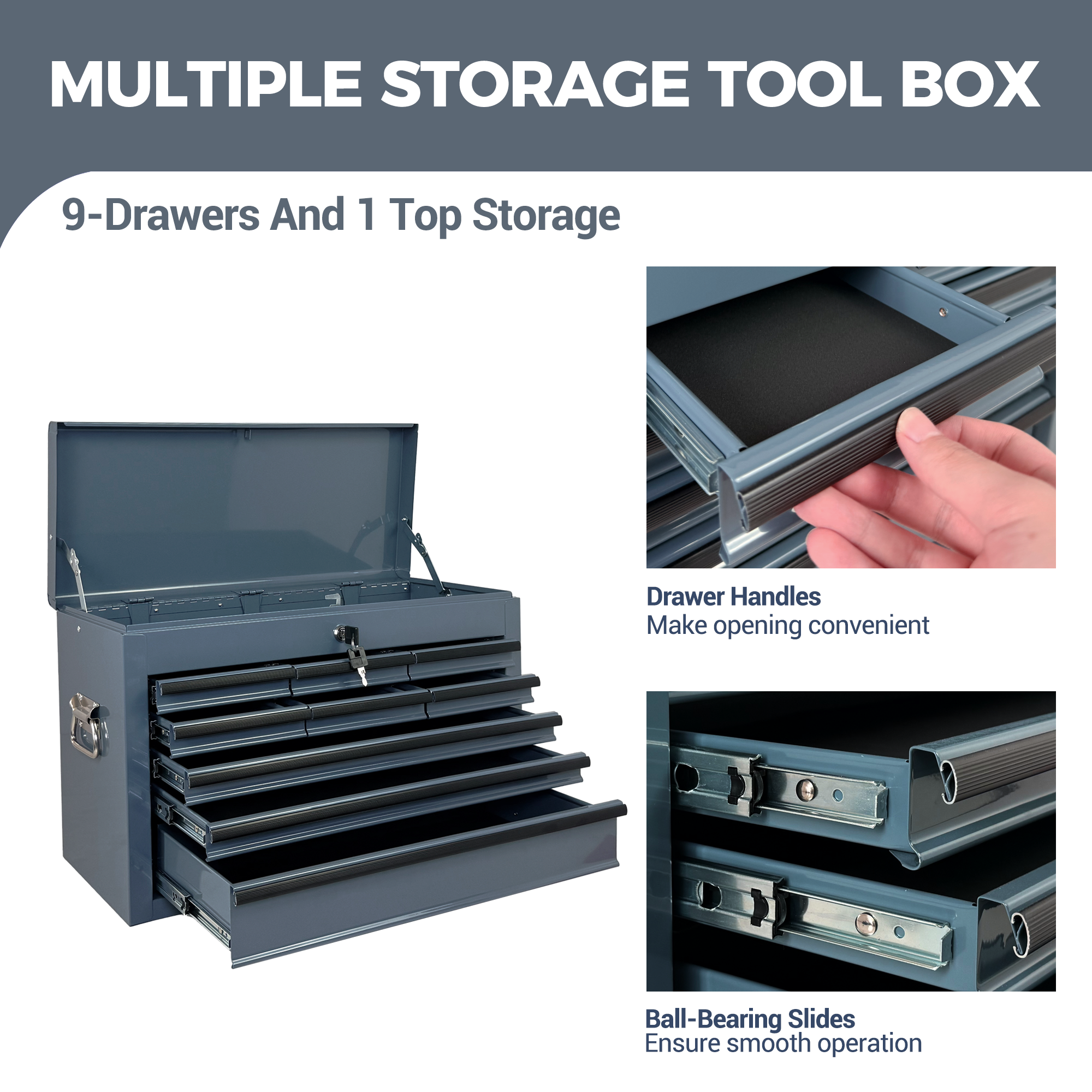 Heavy Duty Metal Tool Box, 24-inch, Portable Metal Tool Box with 9 Drawers, Small Tool Chest with EVA Liners, Ball Bearing Slide Drawers Locking & Powder Coated Finish, Multi-Function Tool Organizer — foto 8
