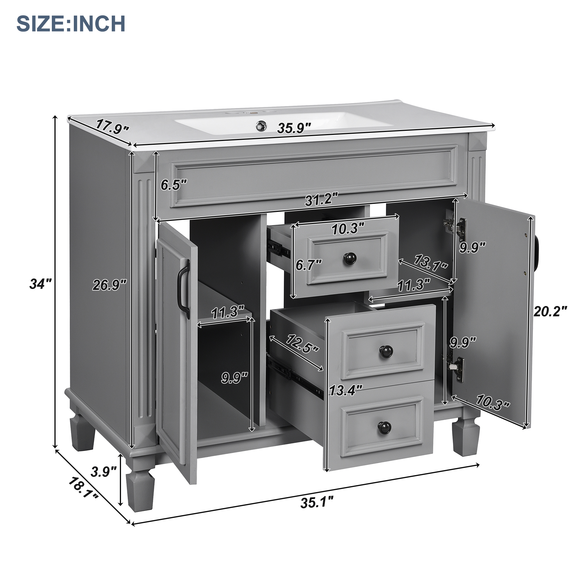 36'' Bathroom Vanity with Top Sink, Modern Bathroom Storage Cabinet with 2 Soft Closing Doors, Single Sink Bathroom Vanity — foto 8