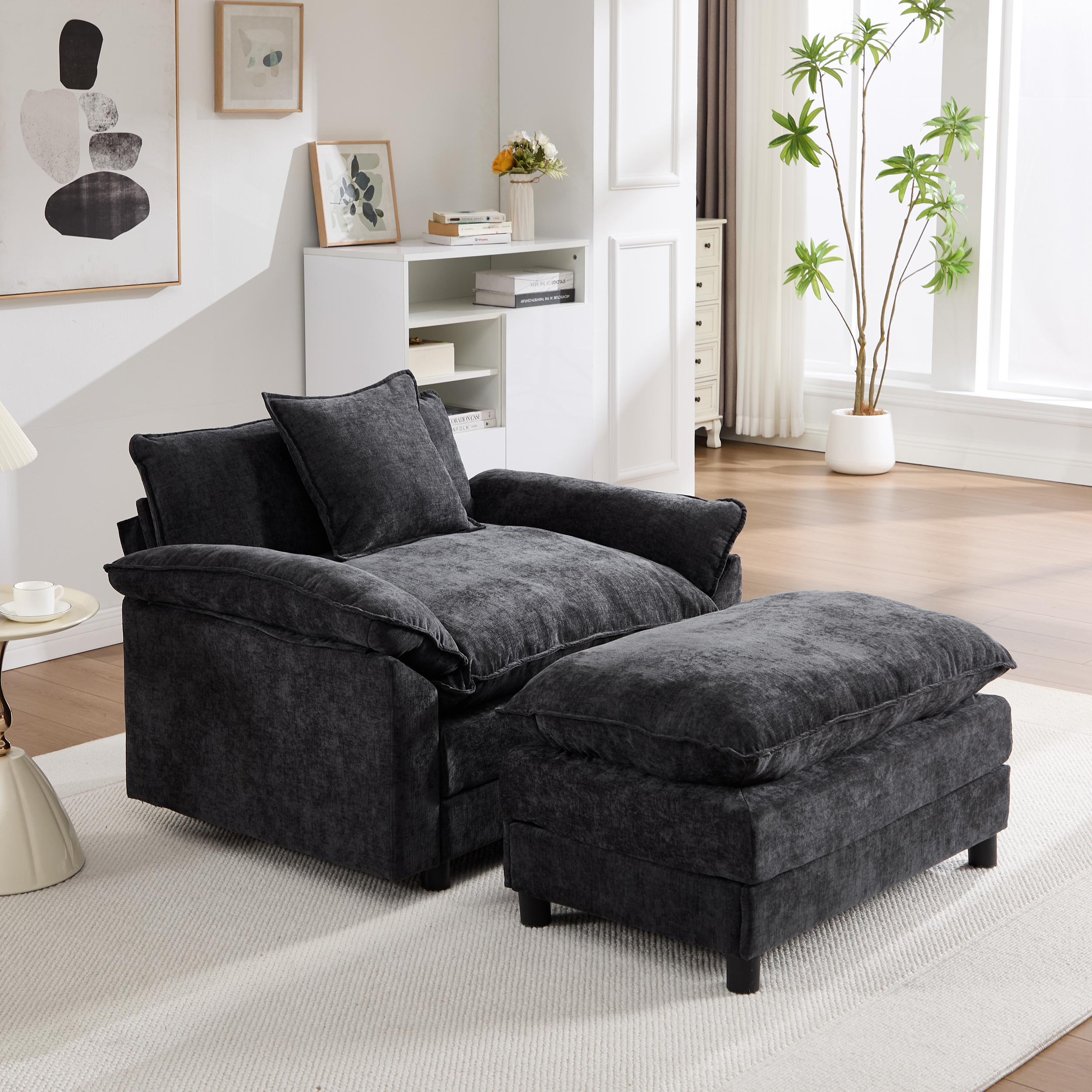 44.5" Modern Accent Chair with Ottoman, Living Room Club Chair Chenille Upholstered Armchair , Reading Chair for Bedroom, Black Chenille