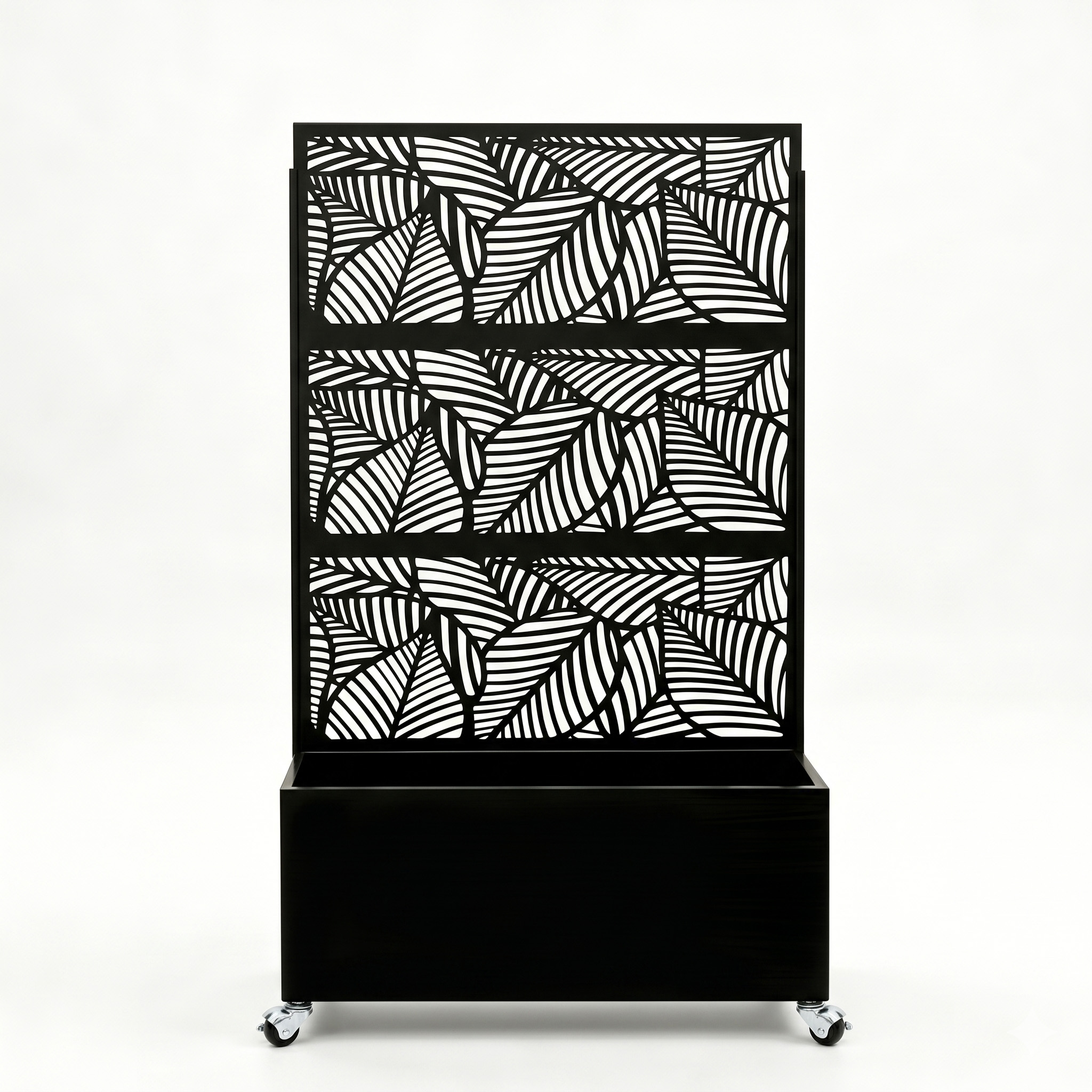 70.87" H × 46.06" W Leaf Pattern Privacy Screen with Planter Box, Black Metal Freestanding Decorative Fence Planter for Patio Balcony Backyard