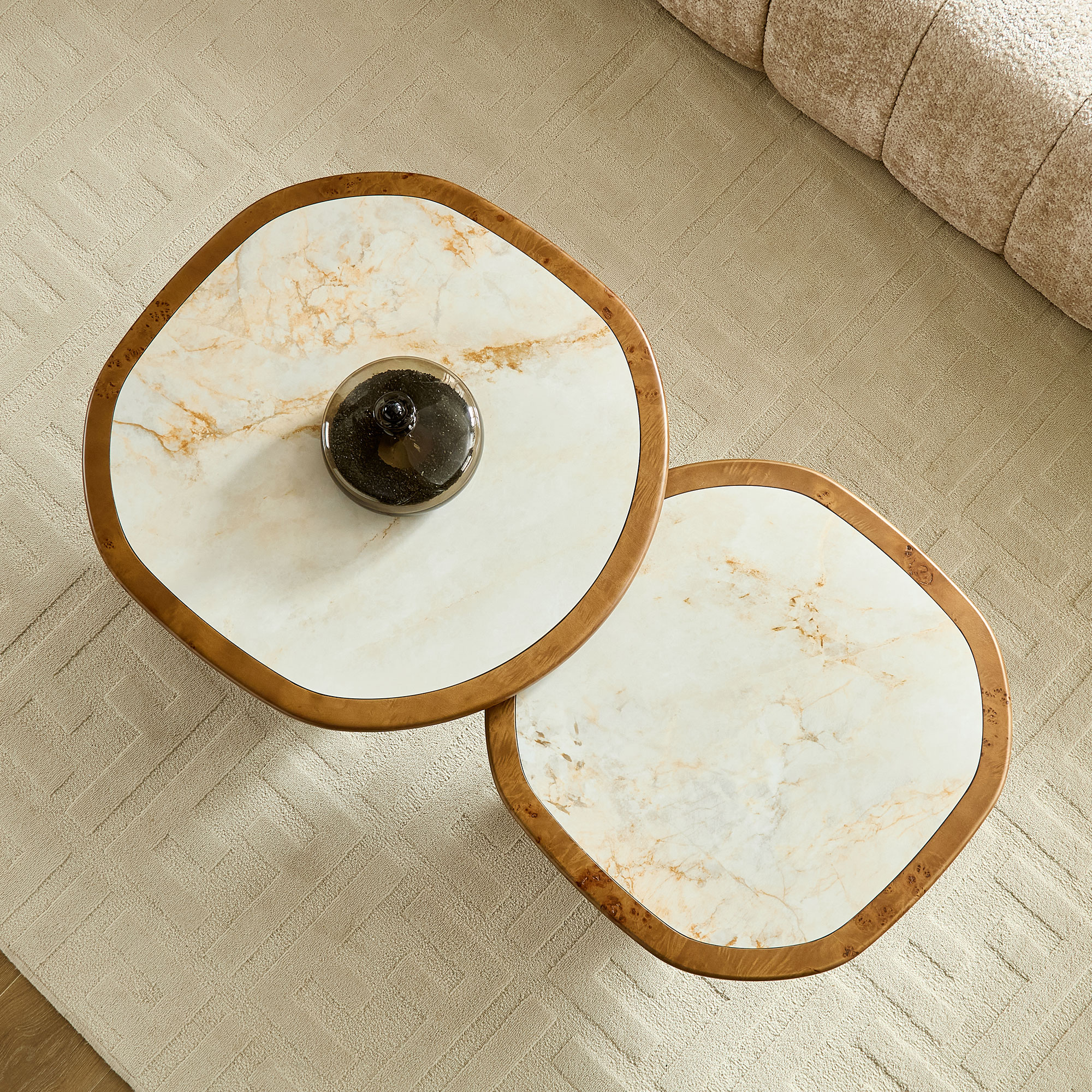 Irregular Coffee Table set, 2pcs burl Wood Veneer Coffee Table,Sintered Stone Tabletop Table with Sturdy MDF Pedestal, Rounded Sofa Side Table for living Room,Office — foto 6