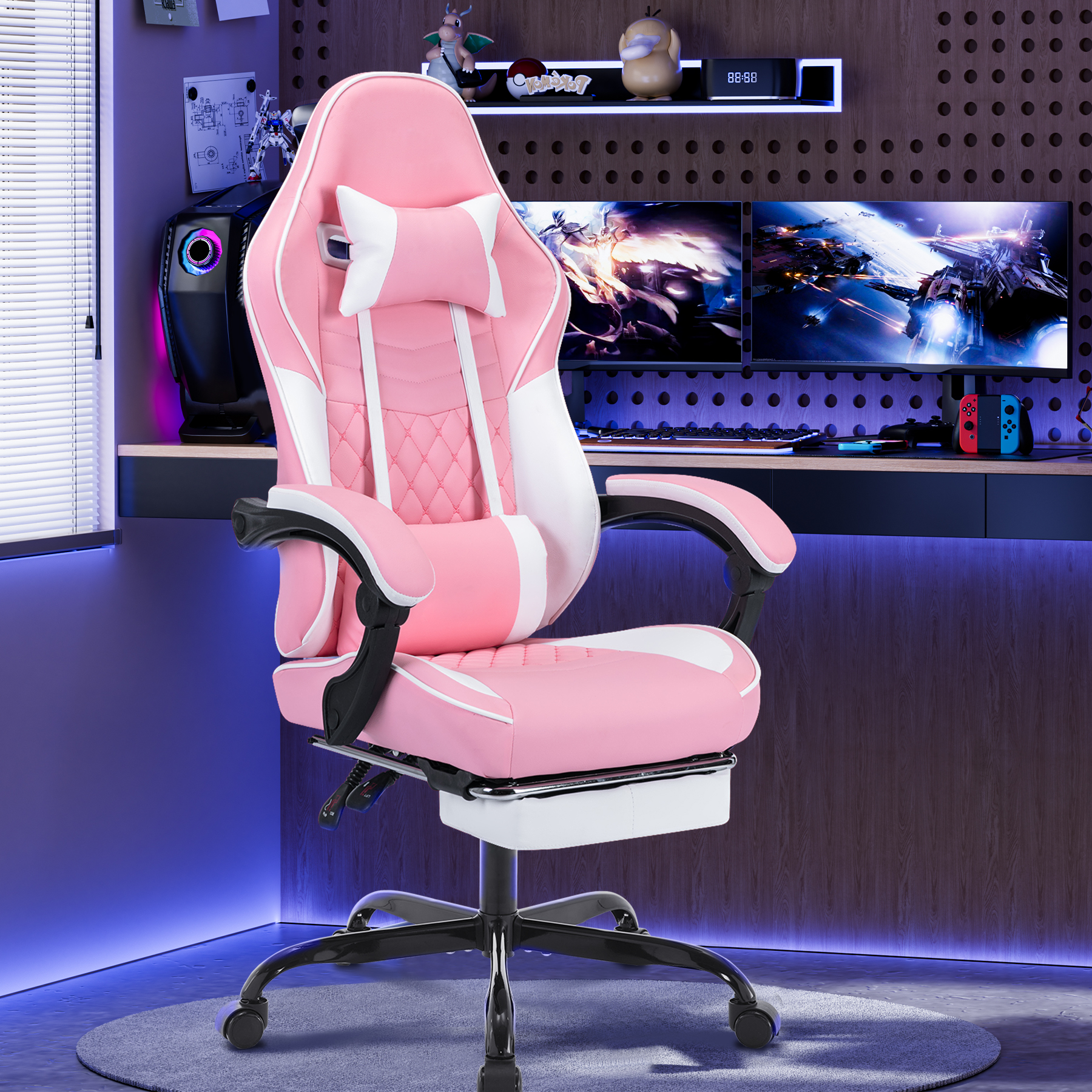 Ergonomic Video Gamer Chairs,Computer Gaming Chairs with Massage Lumbar Support and footrest,Racing Style Computer Chair Adjustable Headrest for Adults,Pink White — foto 4