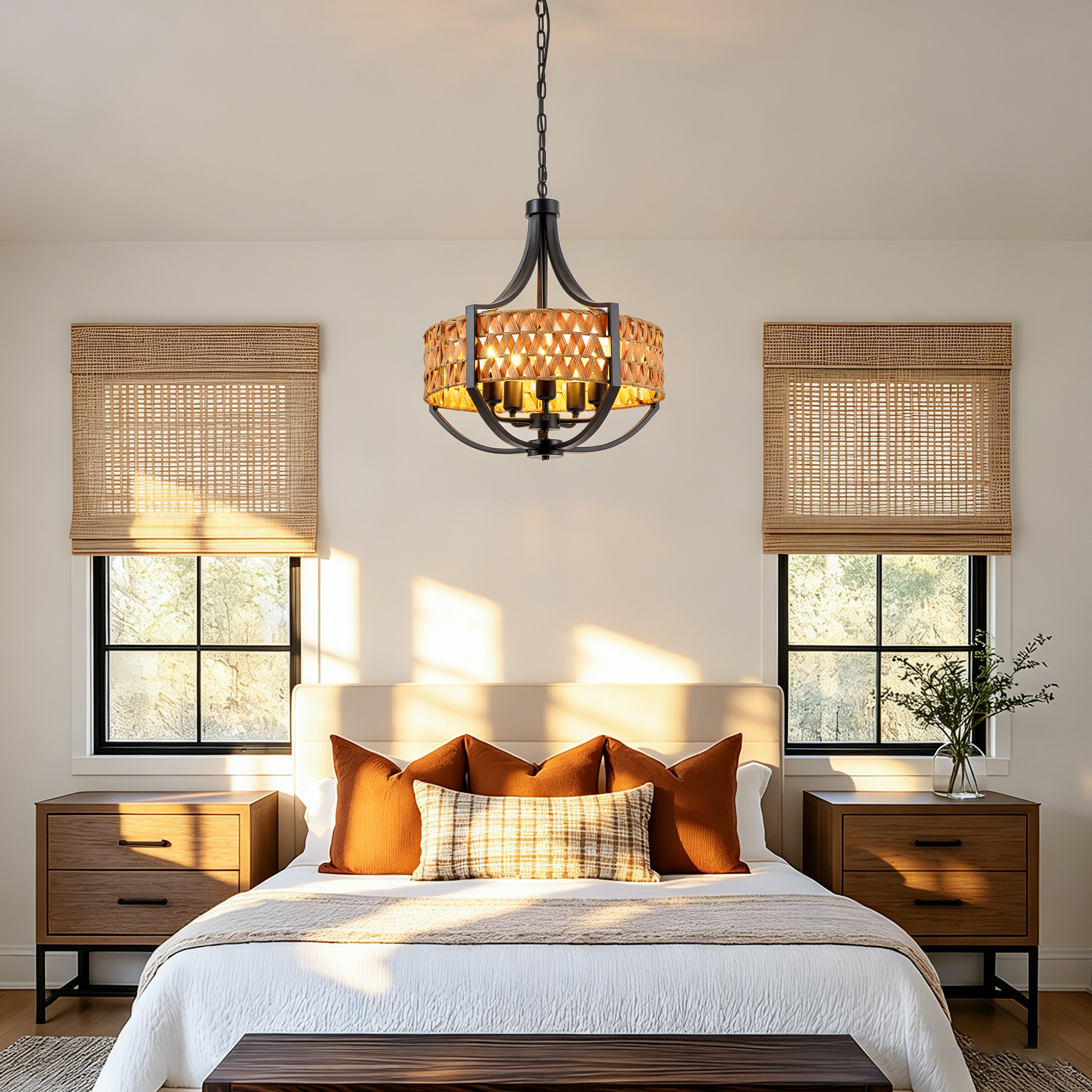 19.7" Rattan Chandelier, 5-Light Boho Chandelier with Natural Woven Reed Shade, Black Farmhouse Hanging Ceiling Light Pendant Light for Dining Room, Living Room, Foyer, Bedroom Hallway — foto 4