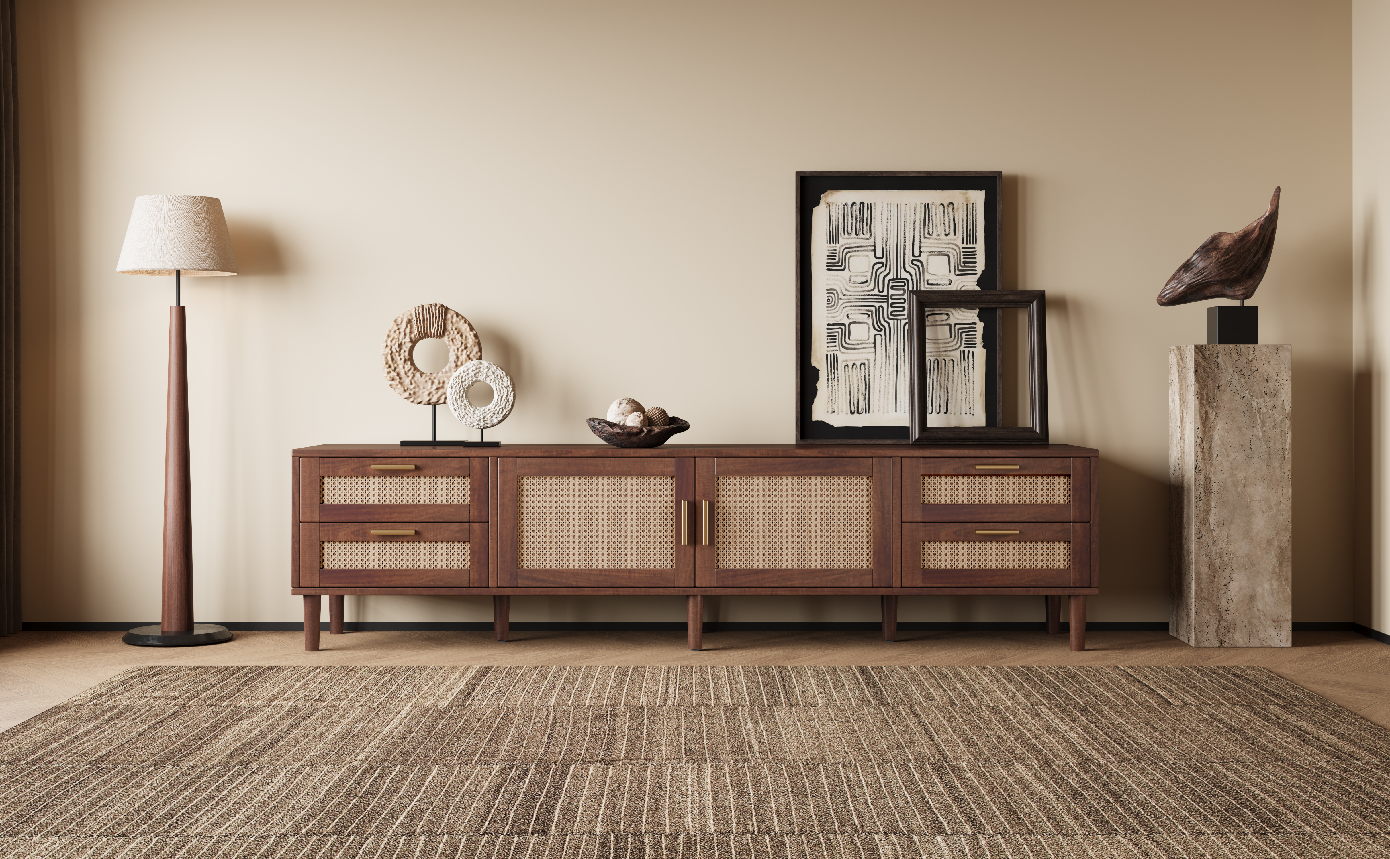 78 Inch TV Stand for TVs up to 85 inch, Media Console with 4 Drawers, Solid Wood Legs, Soft Closing Hinges, for Living Room, Modern Entertainment Center — foto 7