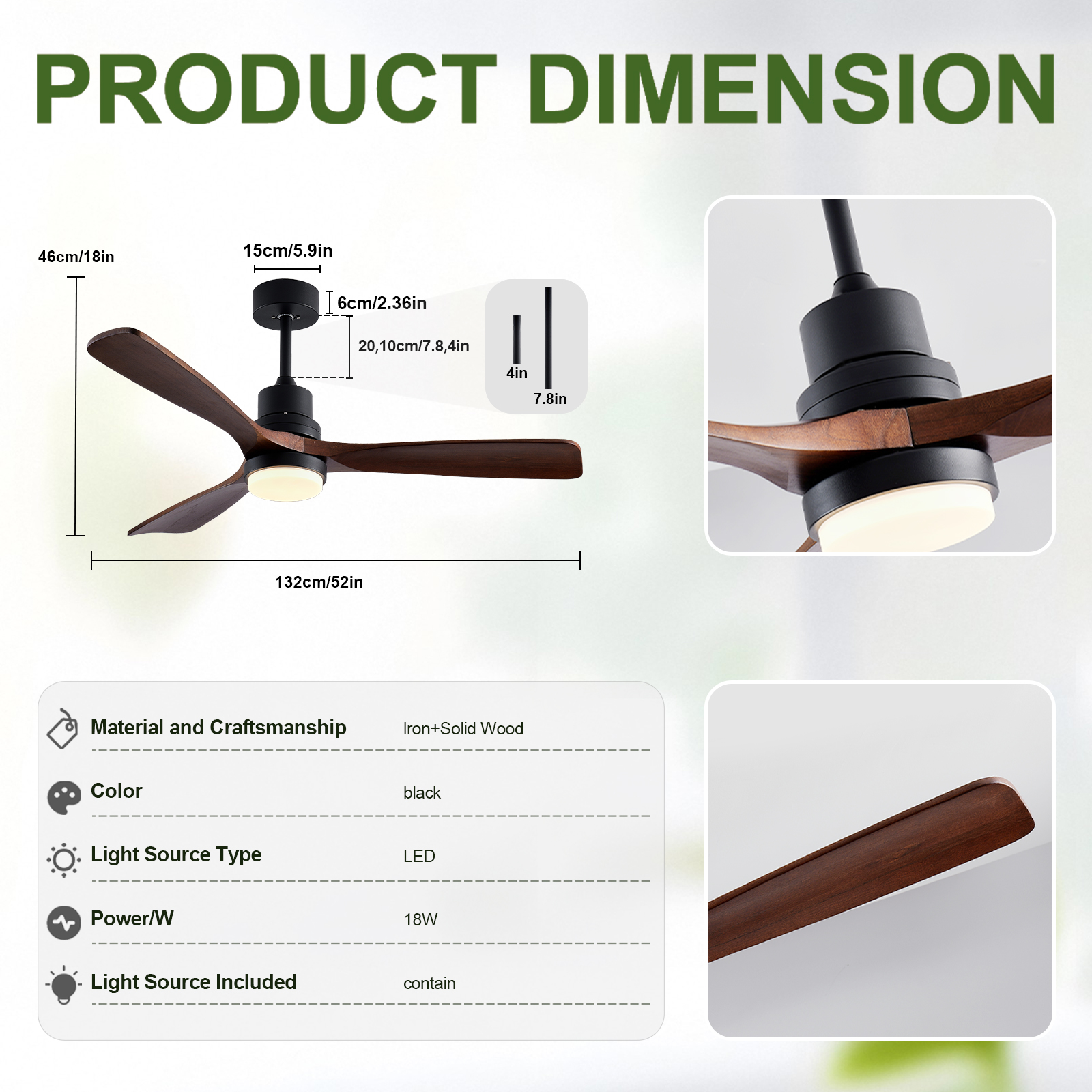 52" Wooden Ceiling Fans with Lighted Remote Control, Indoor Outdoor Wooden Ceiling Fan, Outdoor Modern Ceiling Fan with 3 Fan Blades for Patio, Living Room, Farmhouse, etc (Black + Walnut) — foto 8