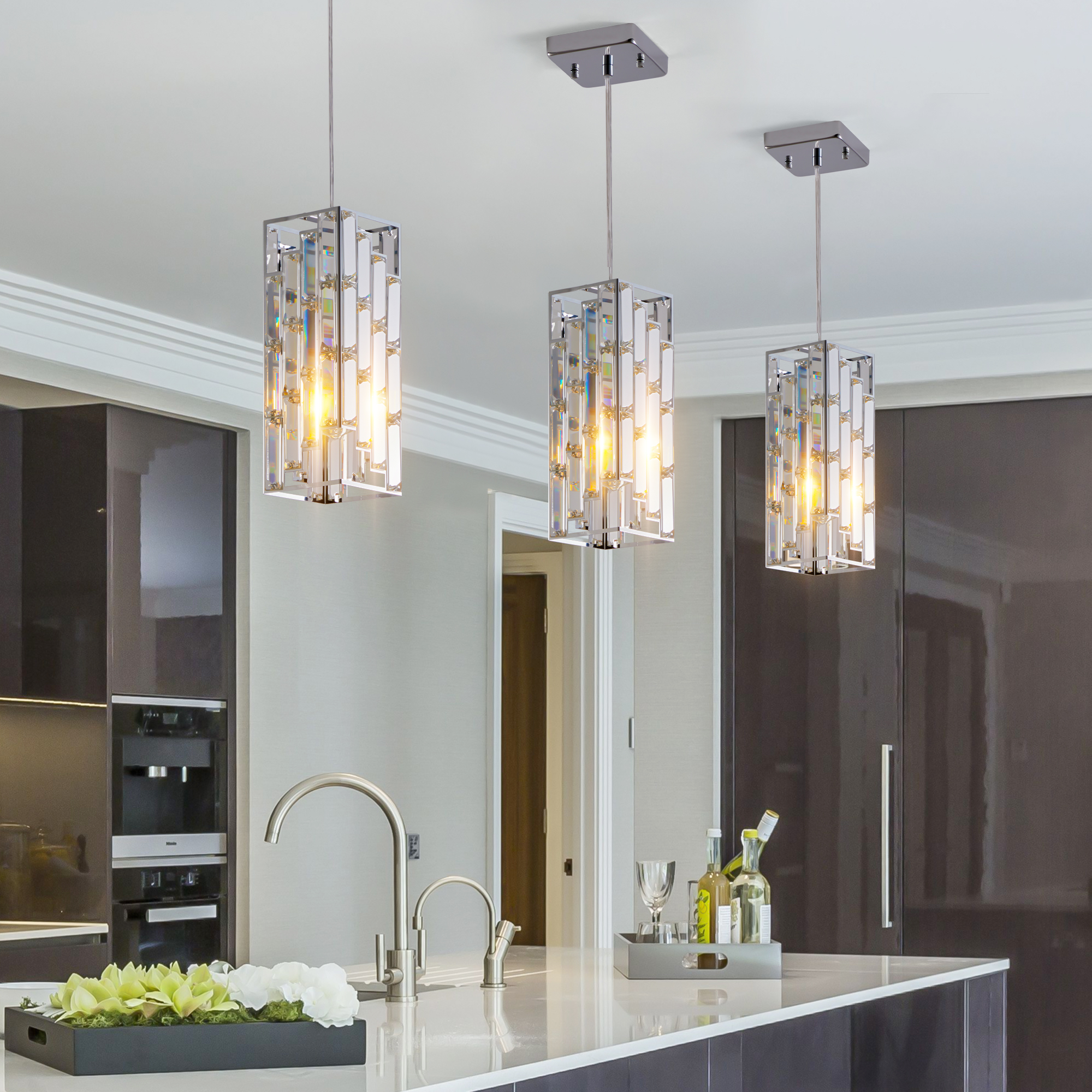 4" Modern Crystal Pendant Light - 3 Pack, Adjustable Hanging Ceiling Lamp with Crystal Prism Design for Dining Room, Kitchen Island, and Living Room -Chrome Finish — foto 7