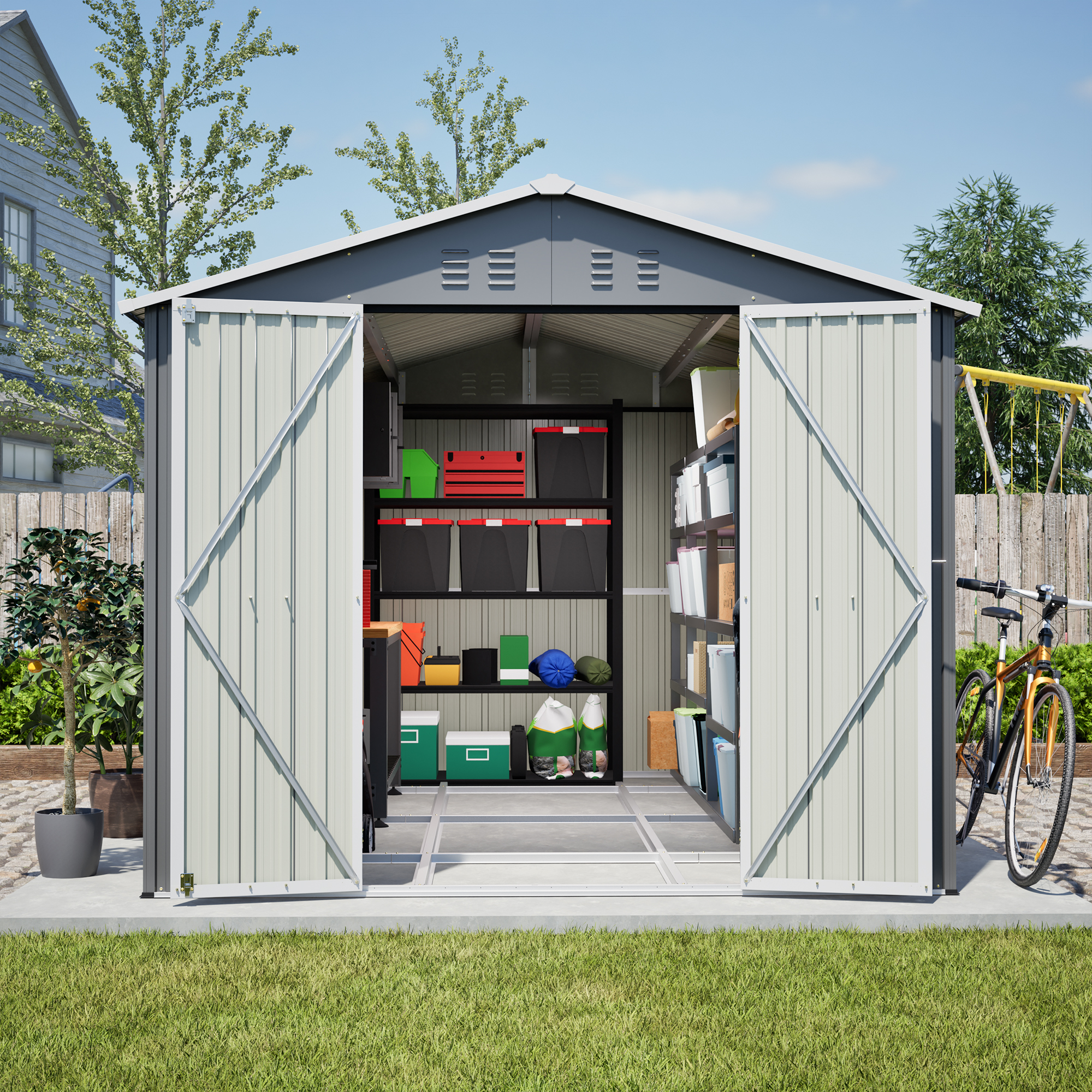 8x12 FT Outdoor Metal Storage Shed with Additional Side Door, Large Tool Shed with 2 Lockable Doors for Easy Access, Aluminum Frame, Grey Backyard Garden Patio Storage — foto 6