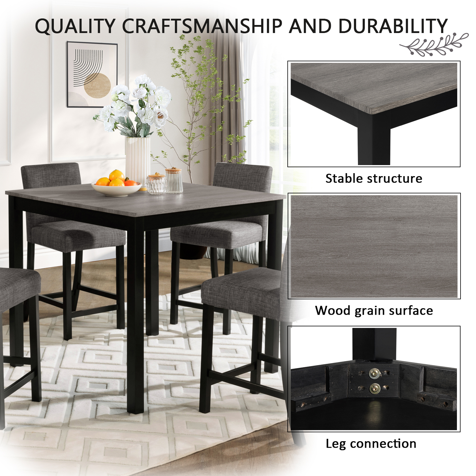 5-Piece Counter Height Table Set with 4 Chairs, Counter Height Table Set for 4 with Chairs, Wooden Counter Height  Table Set for Kitchen, Dining Room, Light Grey & Black Two Tone — foto 4
