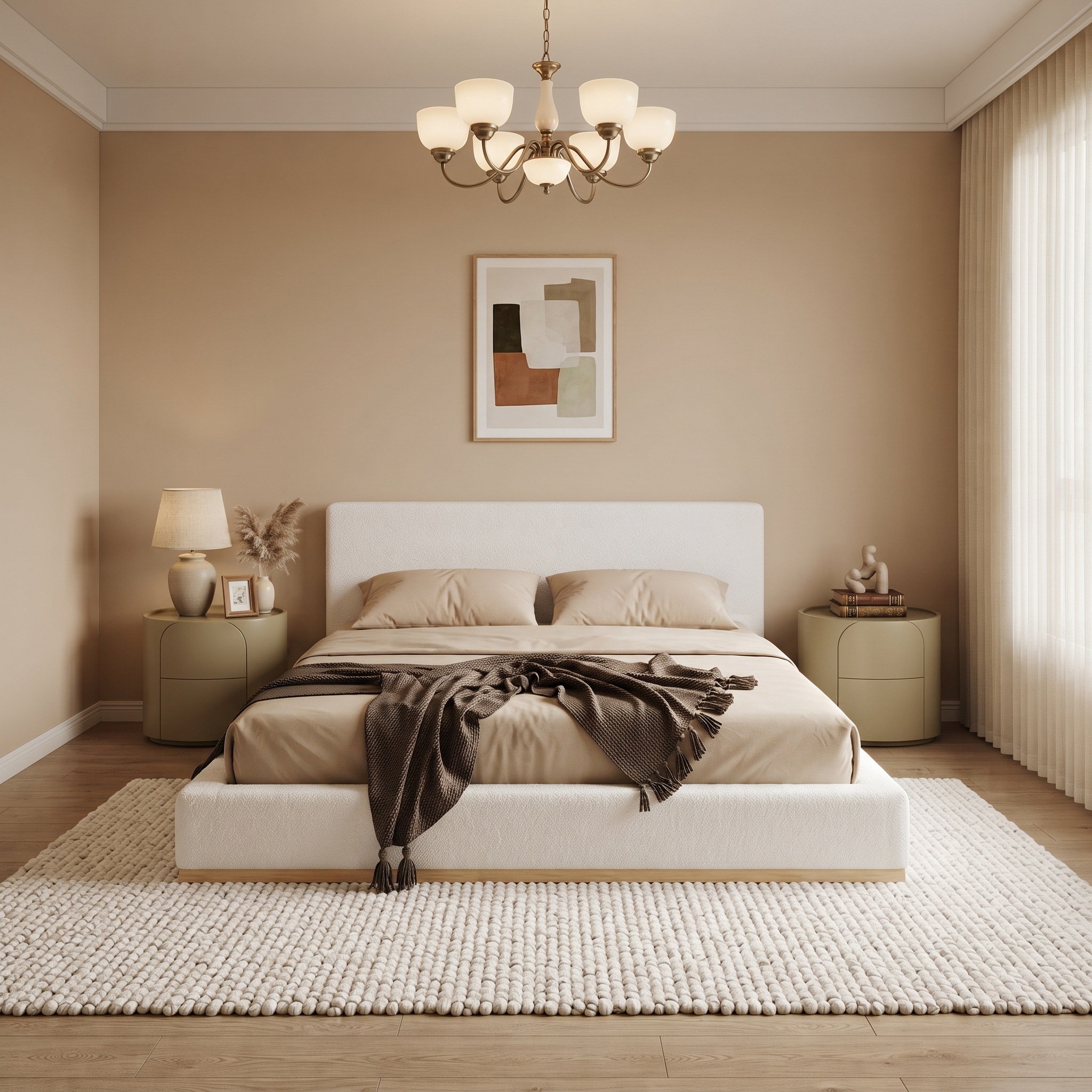 Elegant White Fabric Upholstered Bed With Nice Wood Grain Textured Natural Solid Wood Base Frame,White,Queen