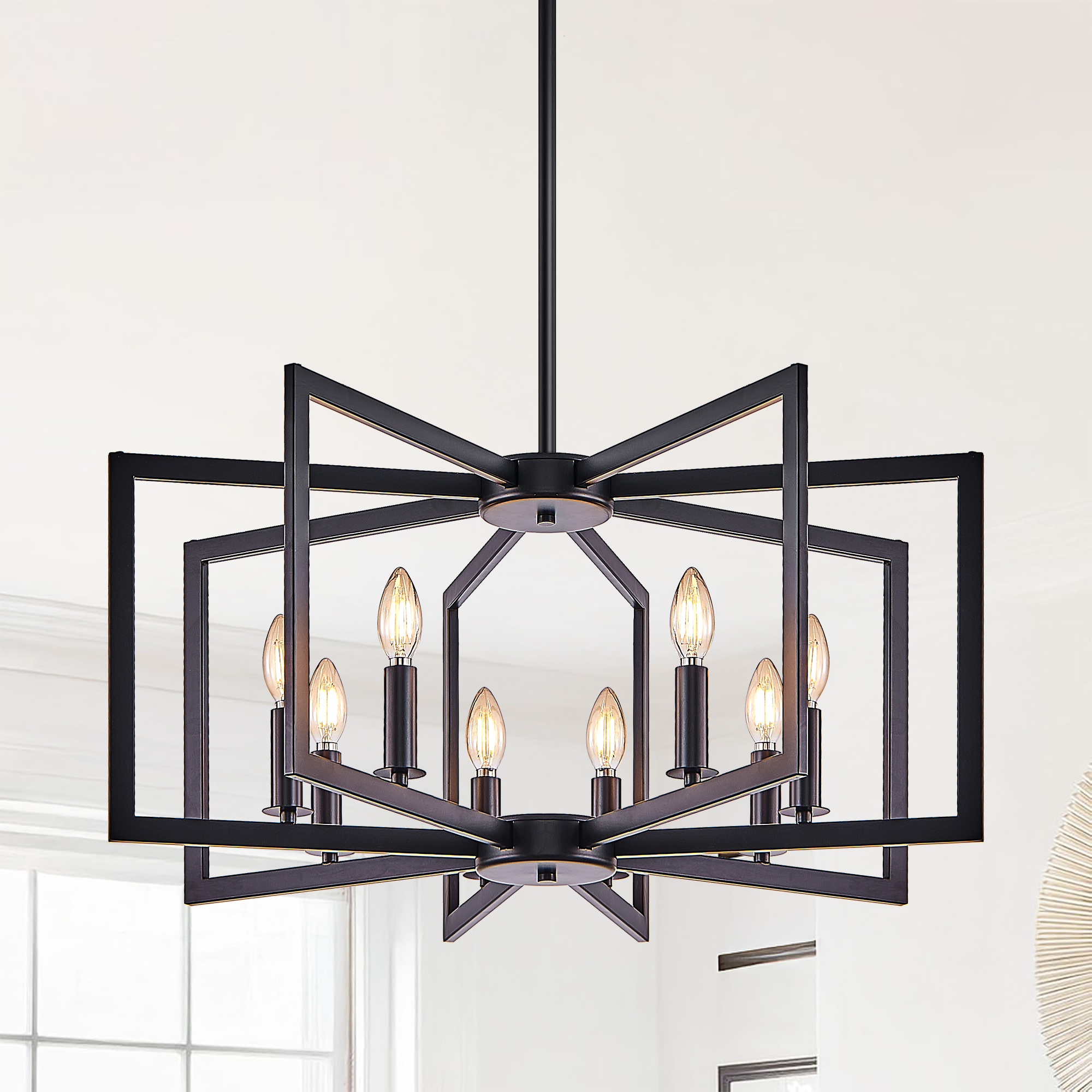 27" Modern Black Geometric 8-Light Chandelier – Industrial Metal Pendant Light Fixture for Living Room, Dining Room, or Kitchen (Bulb Not Included) — foto 6