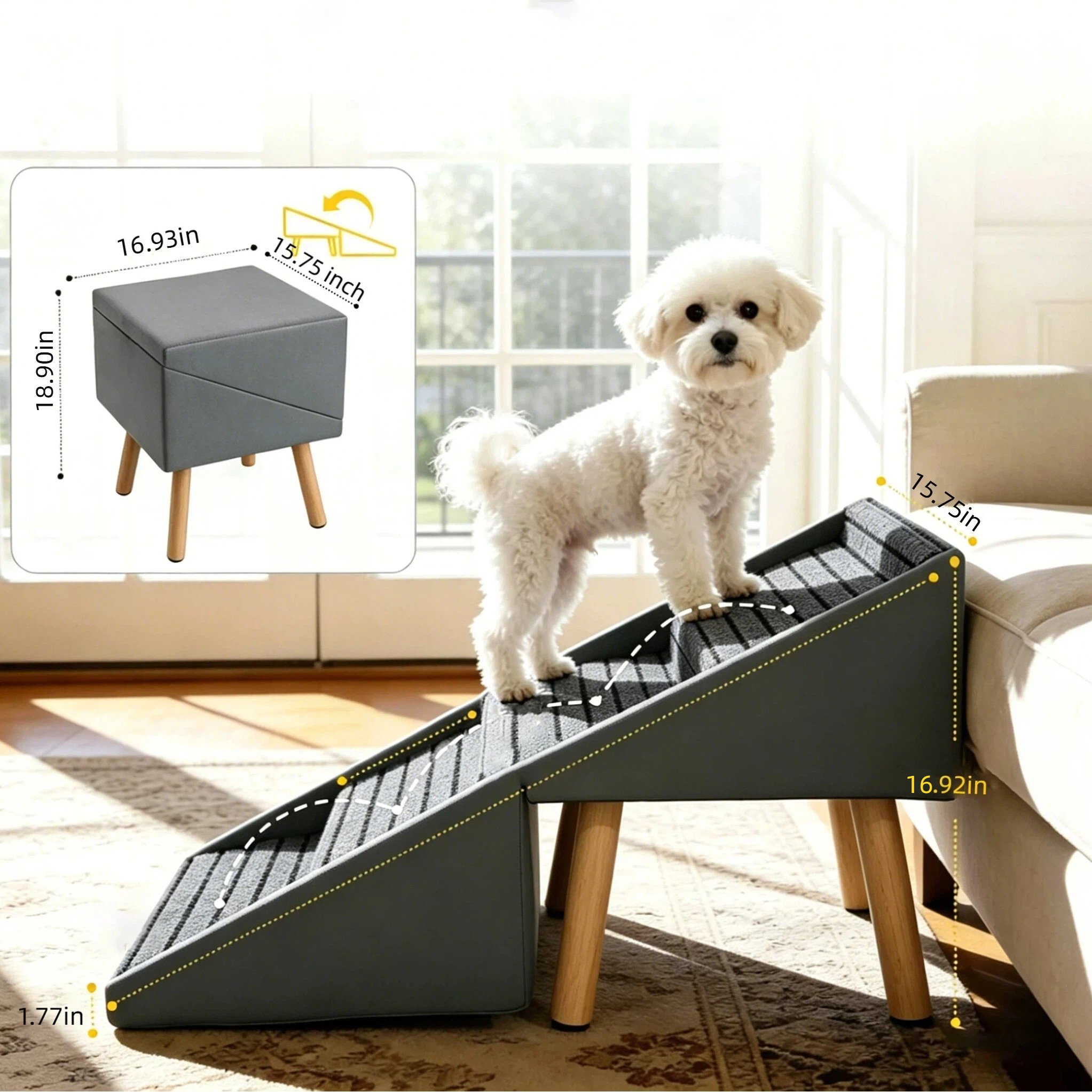 2-in-1 Dog Stairs for Bed and Couch 19.69" Foldable Dog Ramp for Couch 4 Pet Steps  & Ottoman for Small Dogs, Grey — foto 2