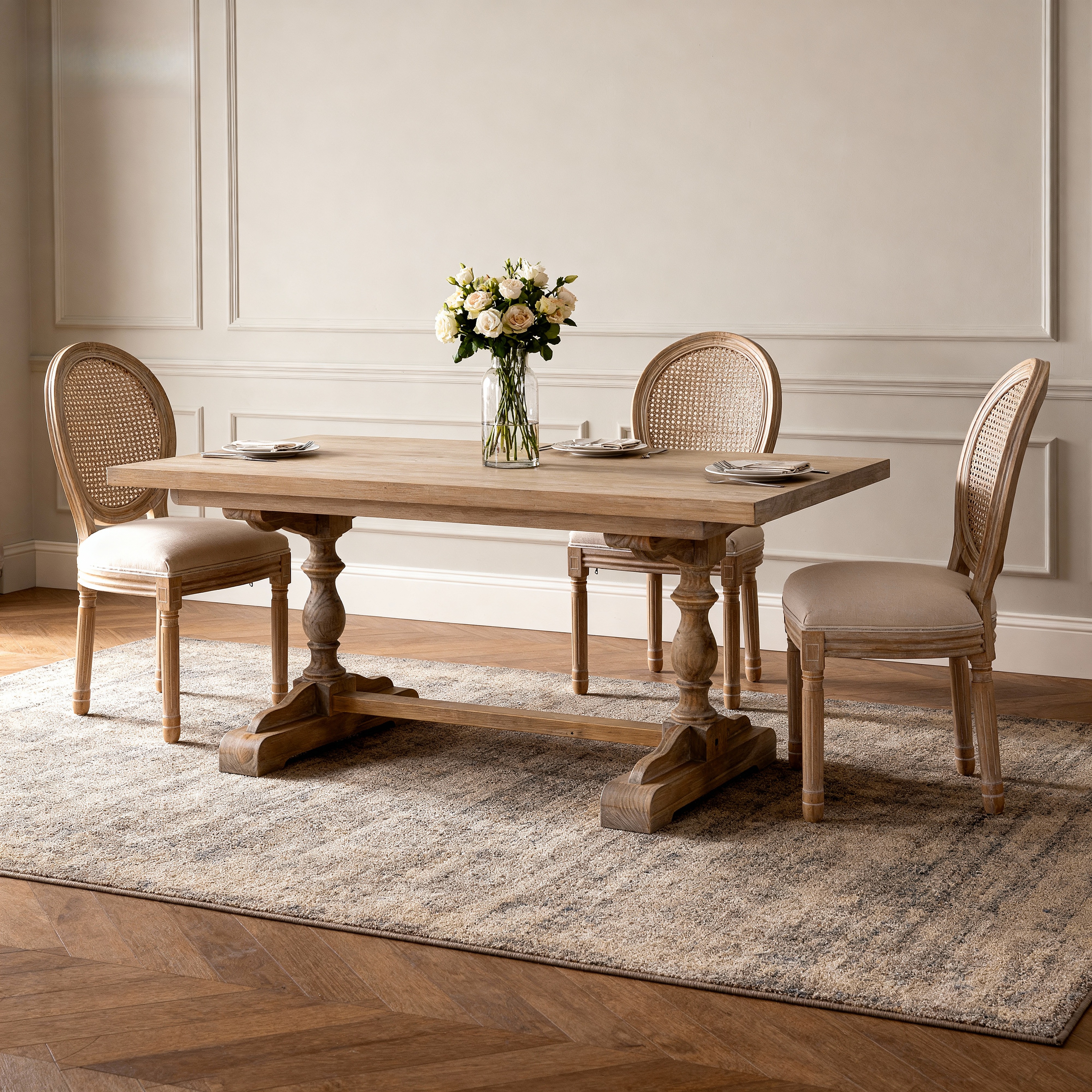 French Style Solid Wood Frame Linen Fabric Rattan Back Dining Chair,Set of 2, Beige — foto 6
