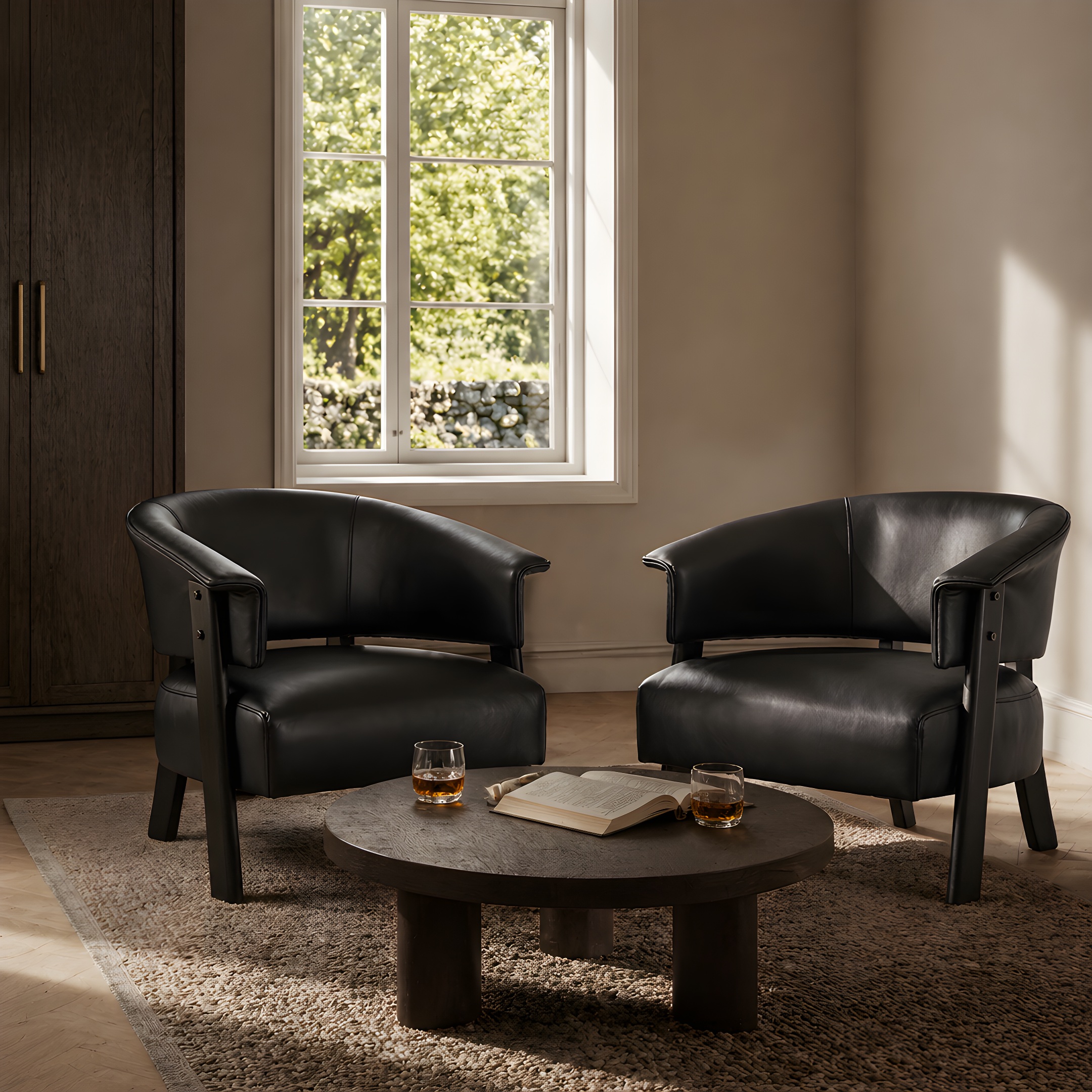 Faux Leather Wingback Accent Chairs Set for 2, Wrap-Around Back Upholstered Armchair, Comfy Fabric Wingback Arms Chairs with Solid Wood Legs, Single Sofa Reading Chair for Bedroom Living Room, Black — foto 8