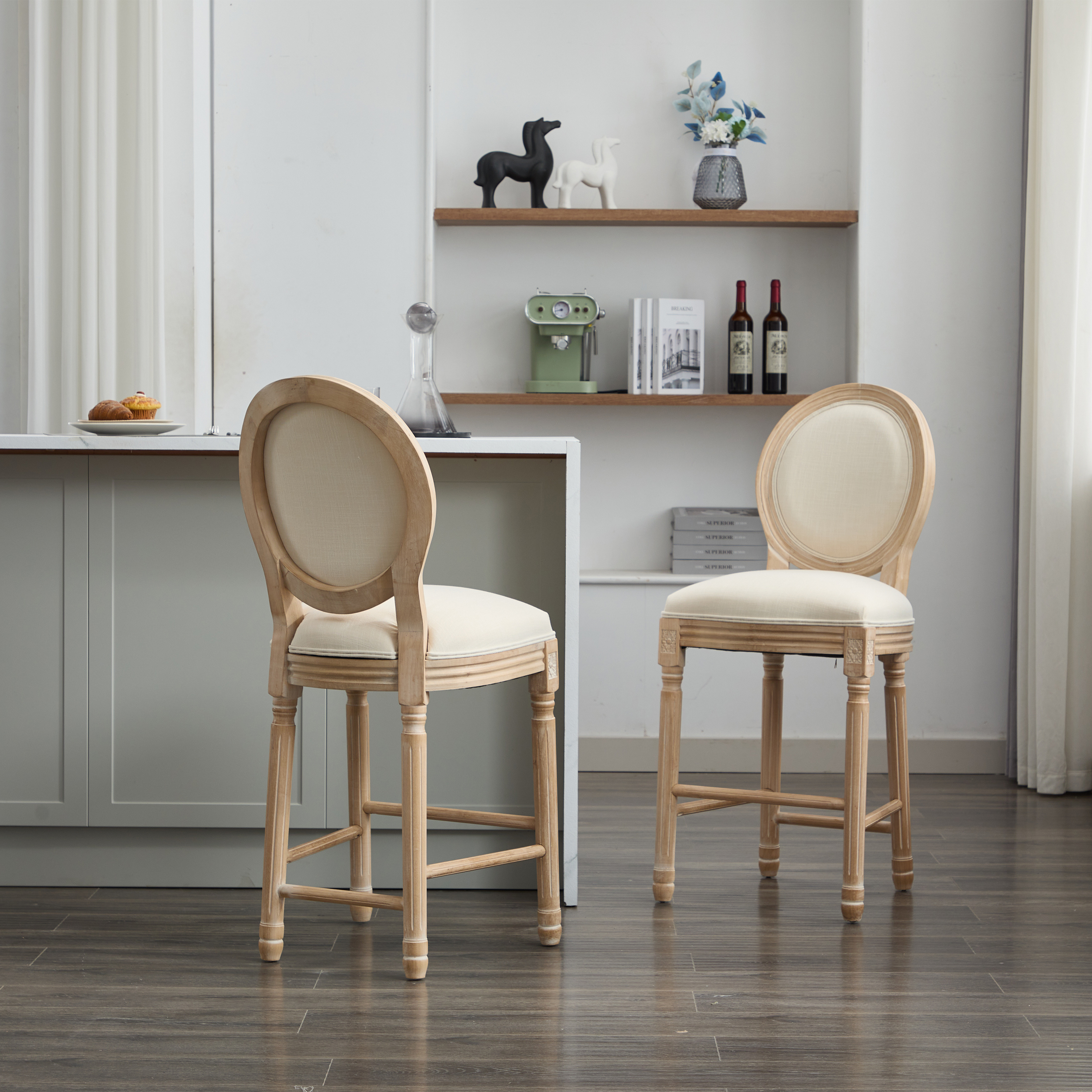 Solid Wood Bar stools Set of 2, Classic French Country Wooden Barstools with Upholstered Seating — foto 5