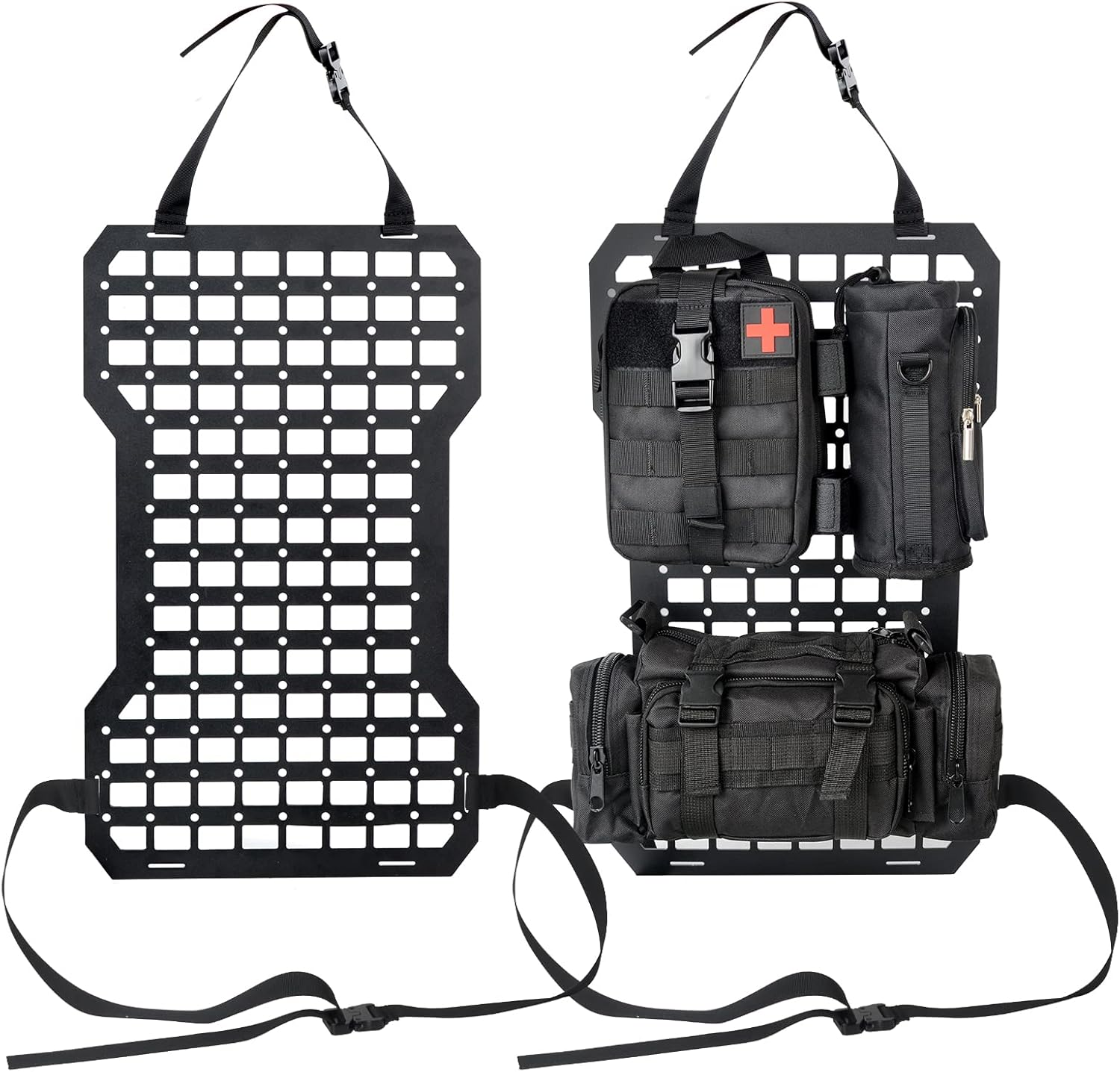 17935 Tactical Rigid MOLLE Panel Seat Cover with MOLLE Medical First Aid Kit & Portable Water Bottle Bag & Tactical Equipment Storage Pouches & 20 Fastening Tape(2 pcs)
