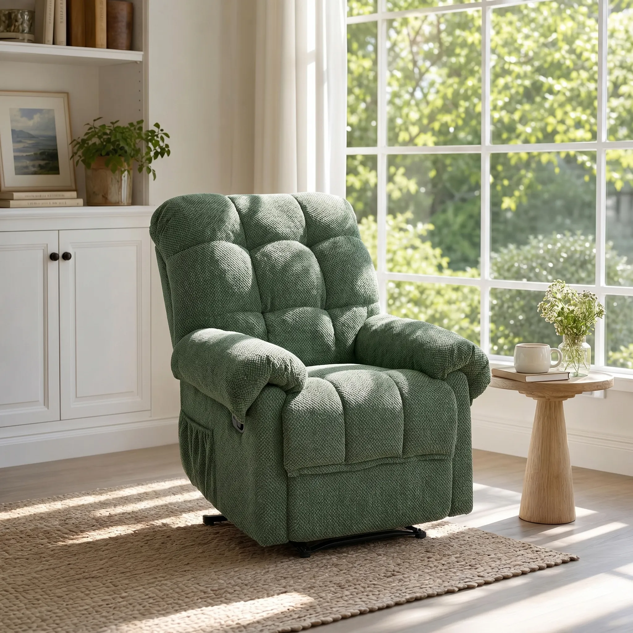 Green Recliner Chair, Overstuffed Armchair, Manual Recliner