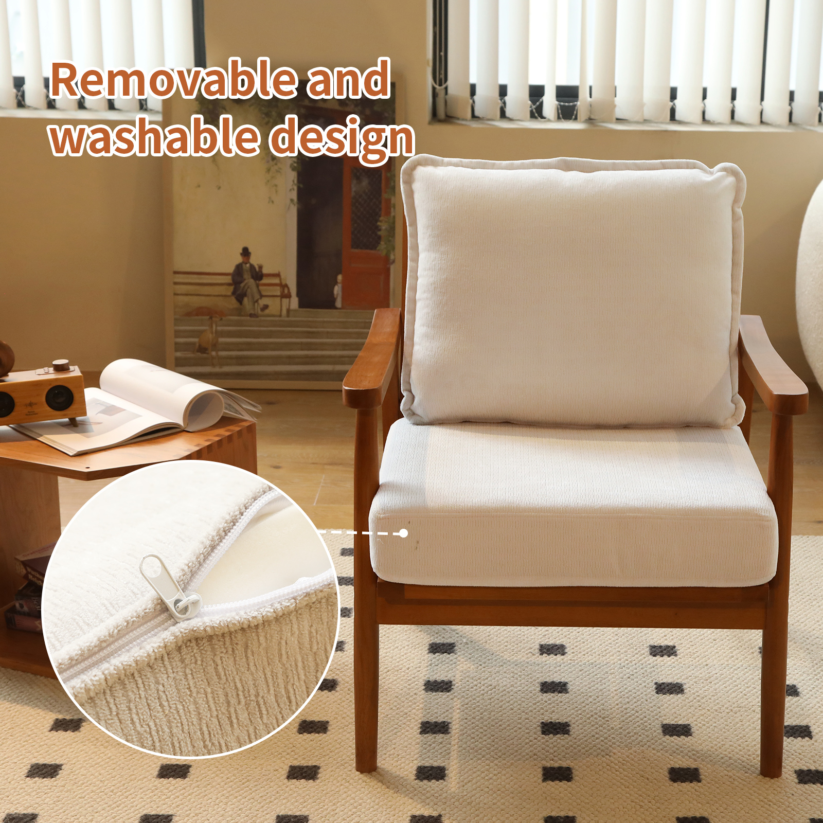 Cute Accent Chair with Solid Wood Frame, Living Room Chair with Soft Fabric Cushion, Cozy Bedroom Chair, Comfy Armchair Reading Chair for Apartment, Waiting Room, Balcony (White) — foto 7