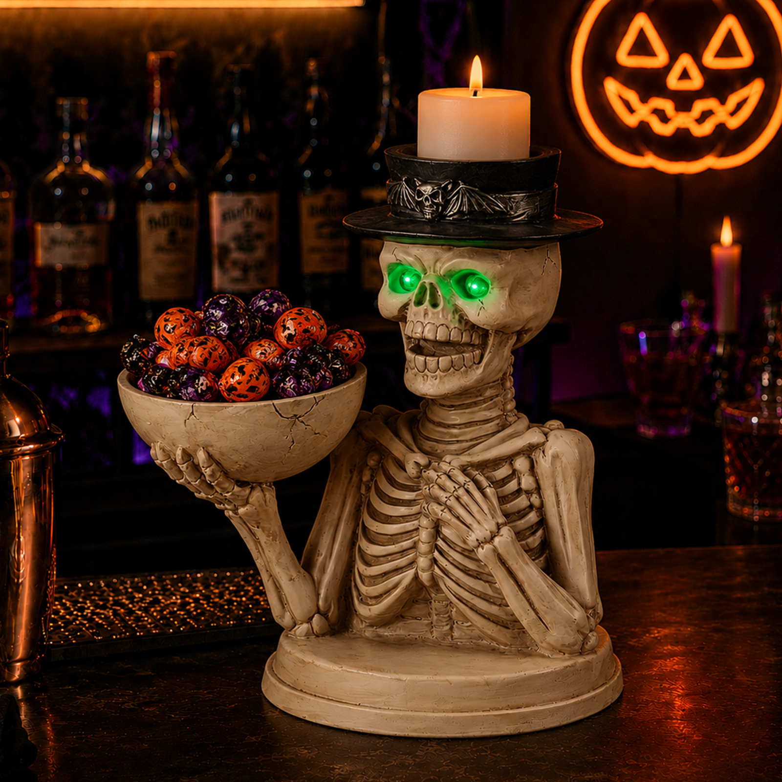 Halloween Skeleton Figurine with Storage Bowl & Candle Holder, Spooky Halloween Decor for Indoor Home