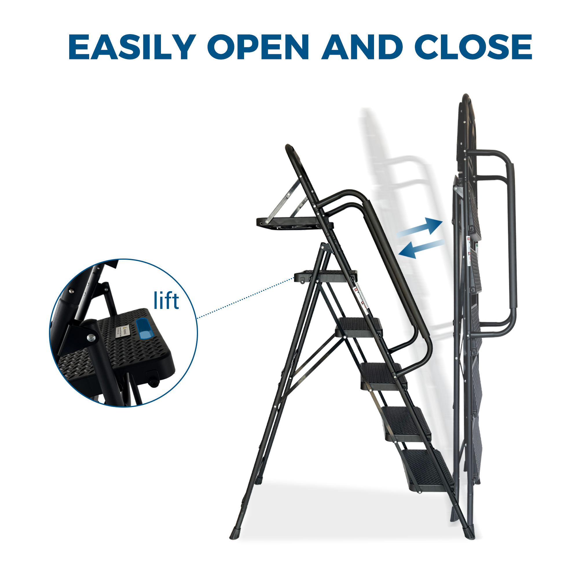 Step Ladder, Folding Step Stool with Wide Anti-Slip Pedal, Sturdy Steel Ladder, Convenient Handrail, Lightweight, Portable Steel Step Stool