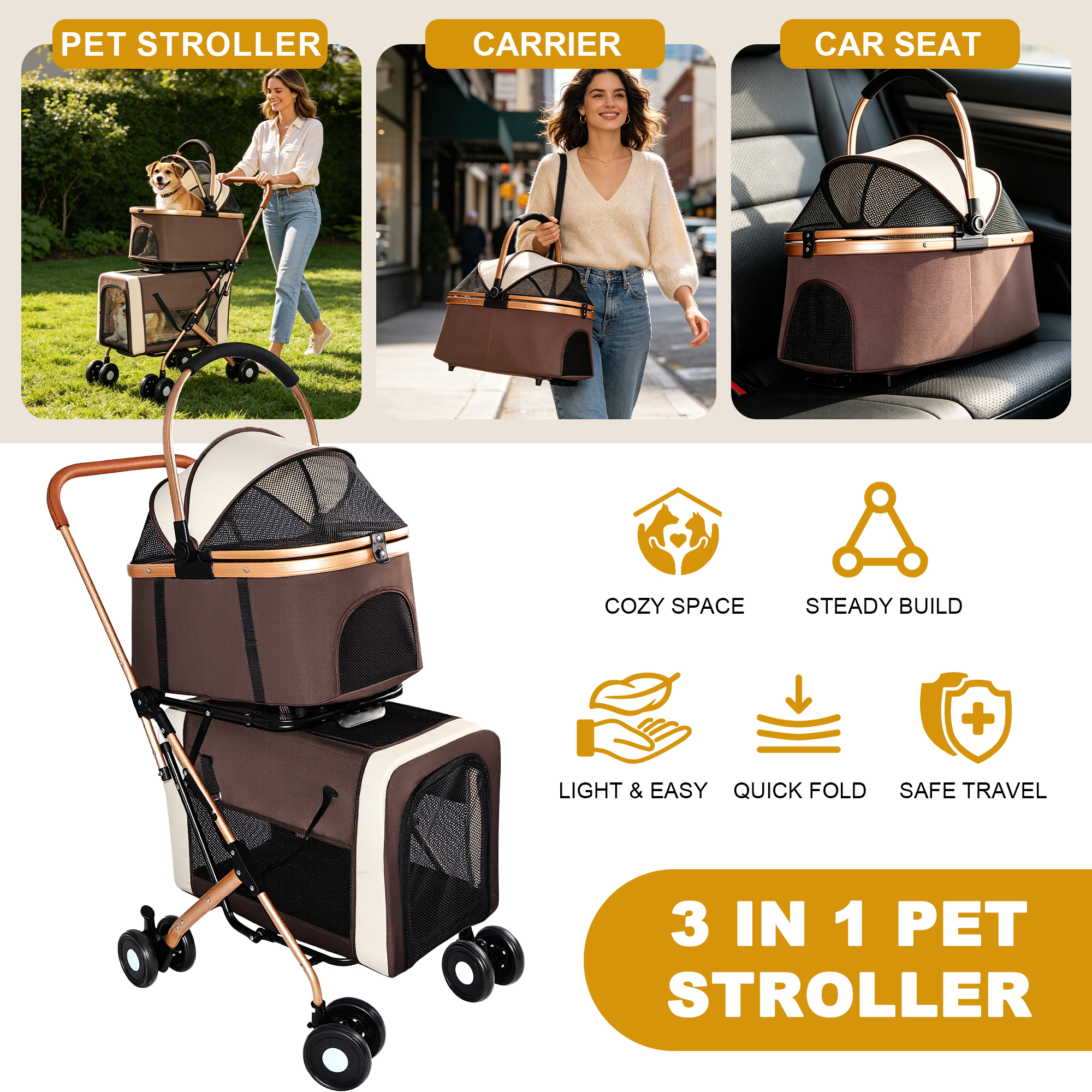 Double Pet Stroller for Dogs and Cats, Foldable Frame, 3-in-1 Convertible Carrier/Tote, Shockproof Wheels, Brake System, Fixed Safety Leashes for Small/Medium Pets in Multi-Pet Homes(Khaki) — foto 6