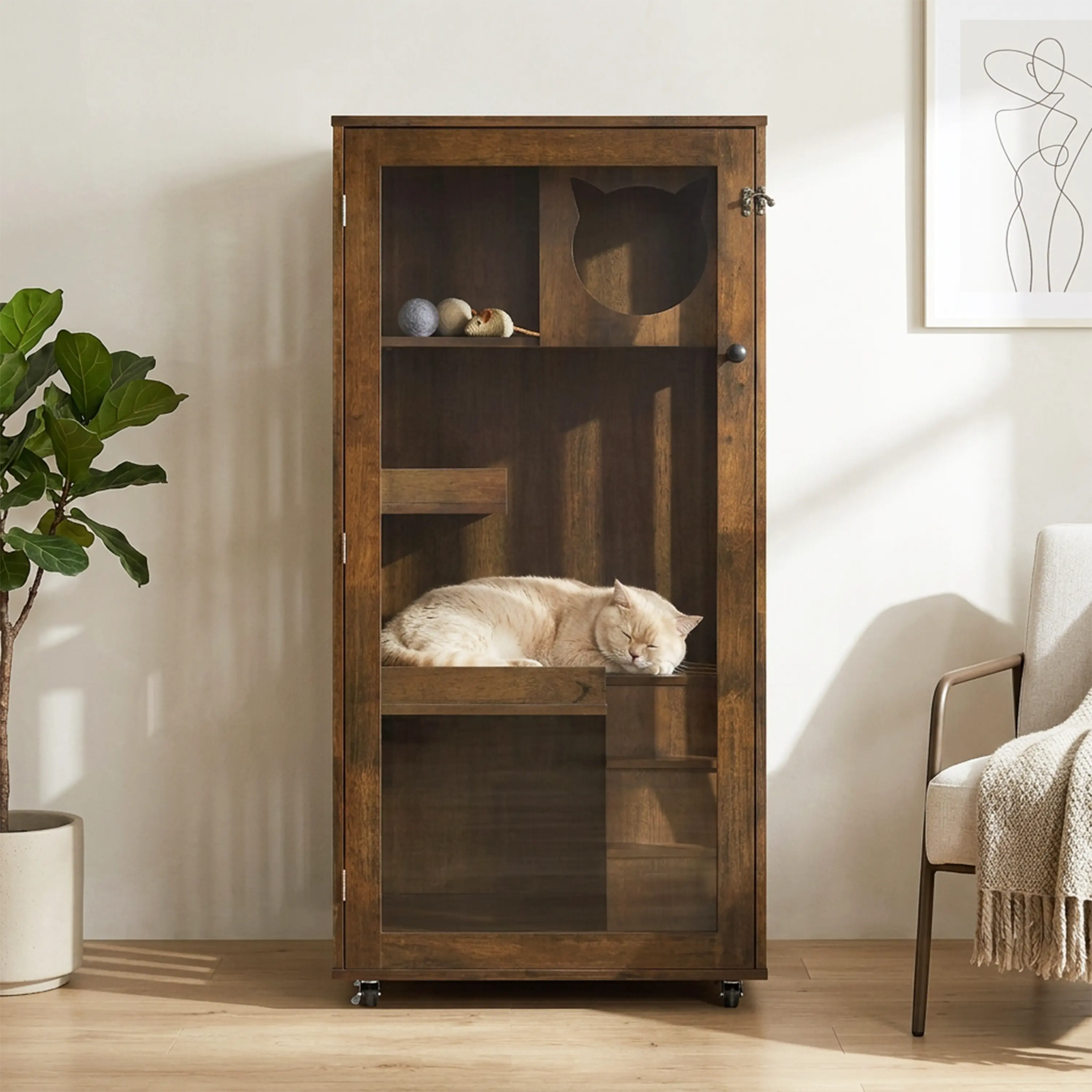 Basia Indoor Rubber Wood Cat Cabinet