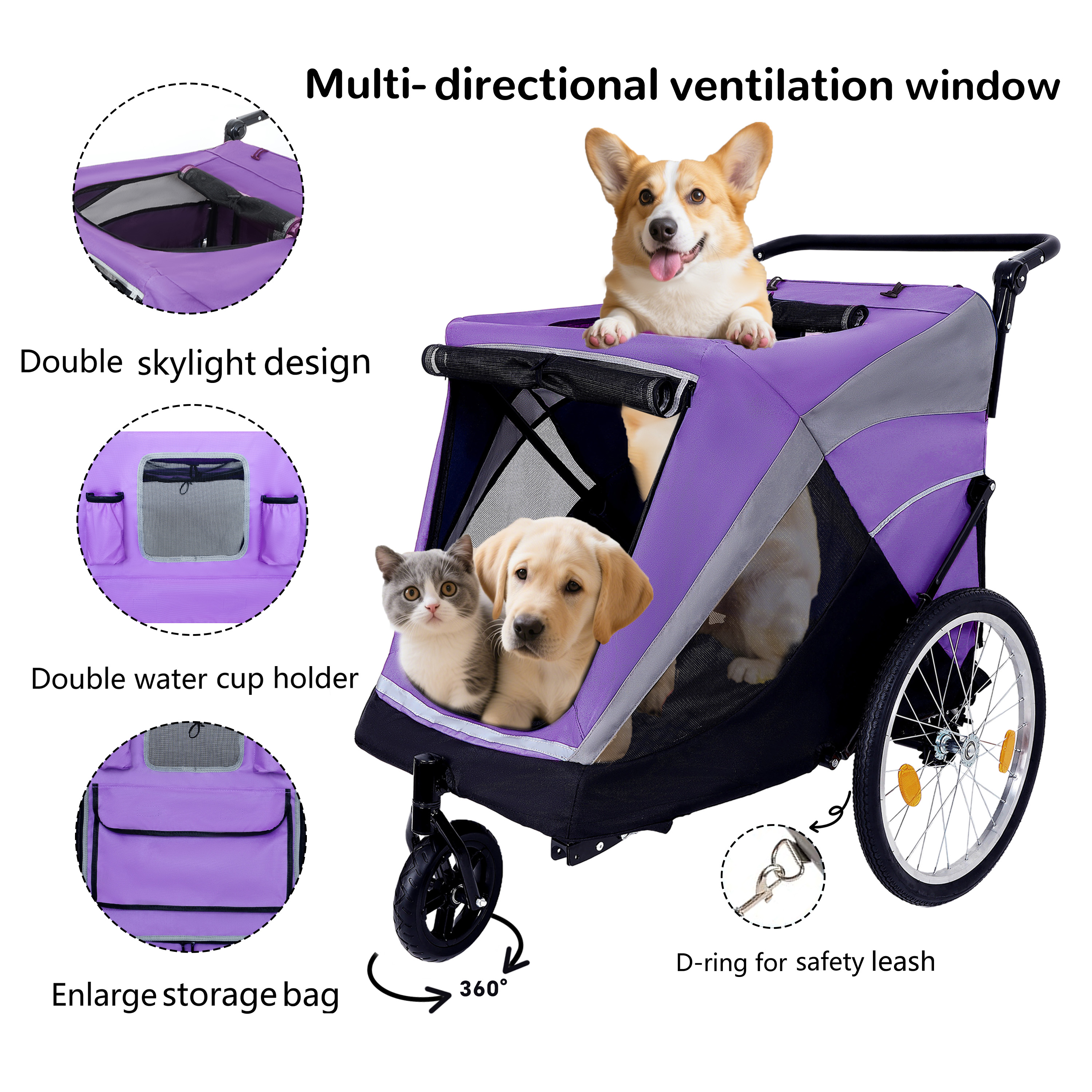 2-in-1 Bike Trailer & Push Cart for Pets - Detachable Bike Hitch & Push Handle Included - Quick Release Wheel, Internal Leash, Dual Cup Pockets and Underneath Storage Bag,  Holds Pets Up to 100 lbs — foto 10