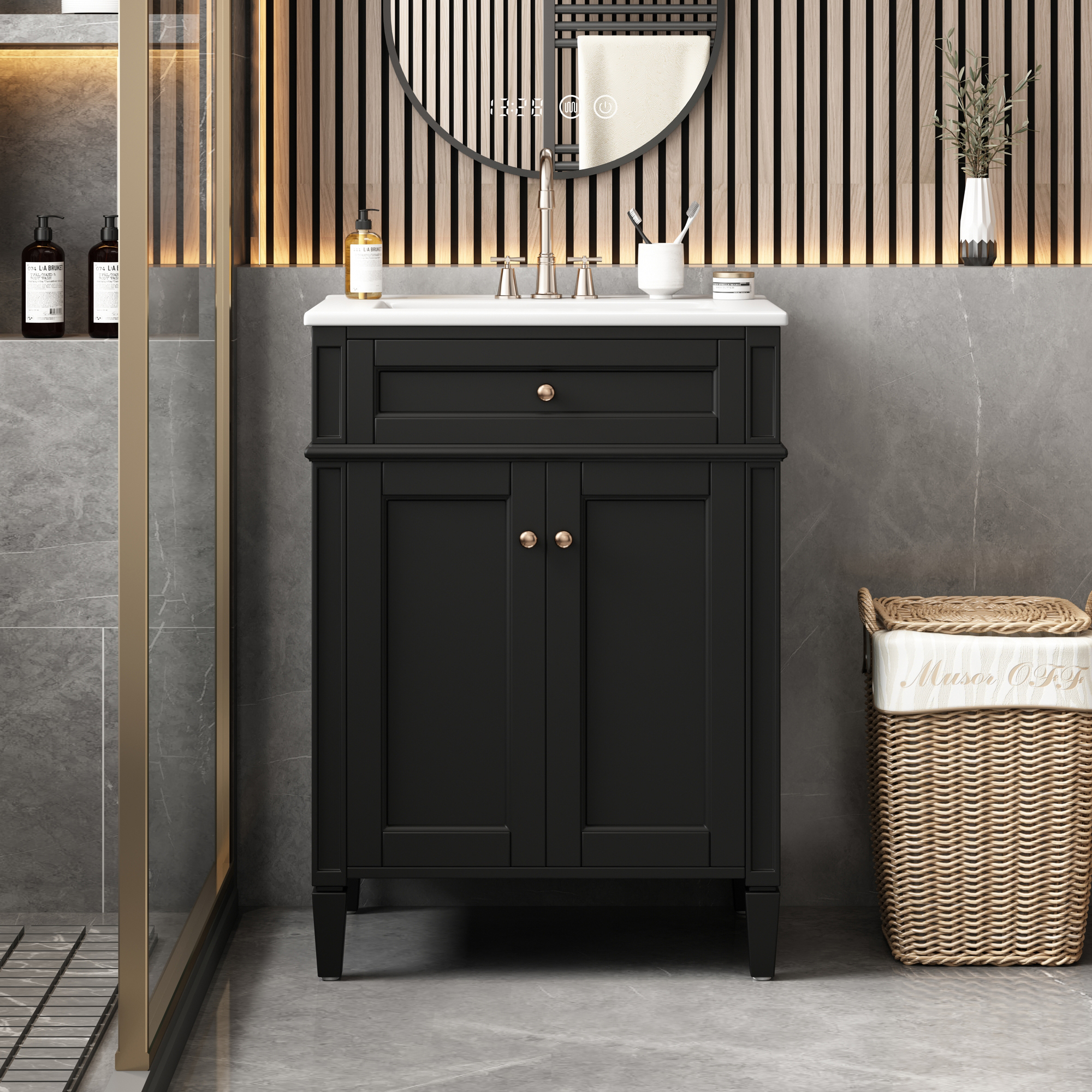 24" Bathroom Vanity with 2 Doors and Tip-Out Drawer, Bathroom Storage Cabinet with Sink, Soft-Closing Doors with Organizers