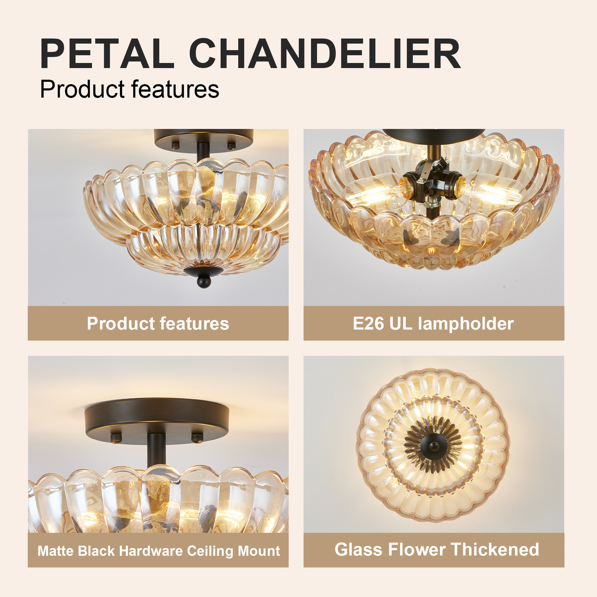 Semi Flush Mount Ceiling Light, Amber Glass Ceiling Light Fixture, 3-Bulb Modern Black Close to Ceiling Light, Vintage Glass Ceiling Lights for Bedroom Kitchen Living Room, Bulb Not Included — foto 7