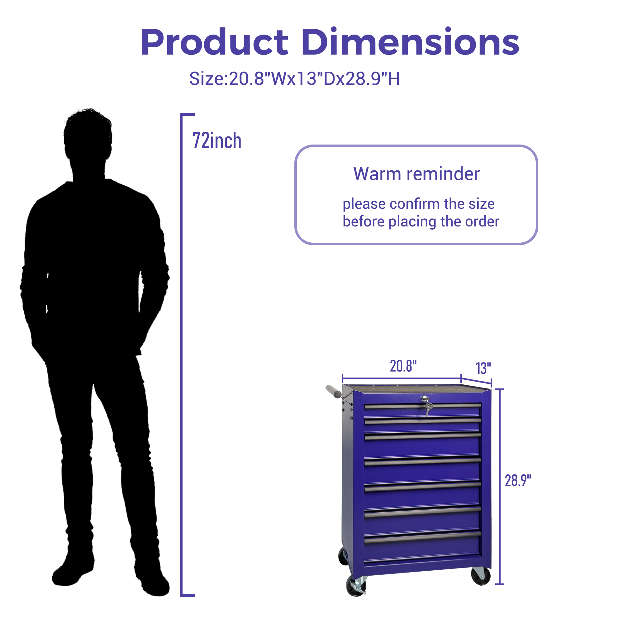 Rolling Metal Tool Chest with 7 Drawers, 20" 7-Drawer Tool Chest Cabinet with Ball Bearing Drawer Slides, Steel Tool Storage Box Organizer -PURPLE — foto 11