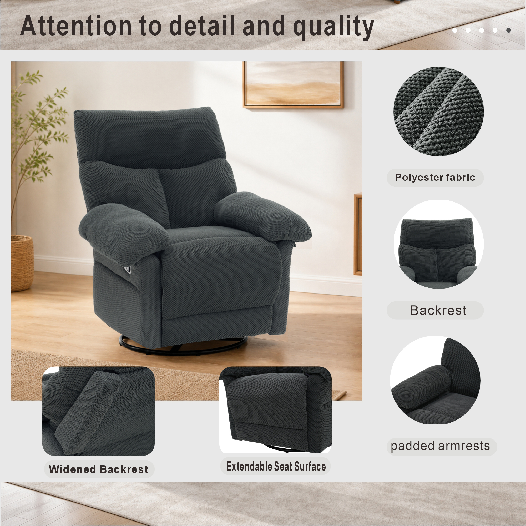 Modern Swivel Rocker Recliner Chair, Manual Overstuffed Glider Armchair with Textured Fabric for Living Room and Nursery — foto 4