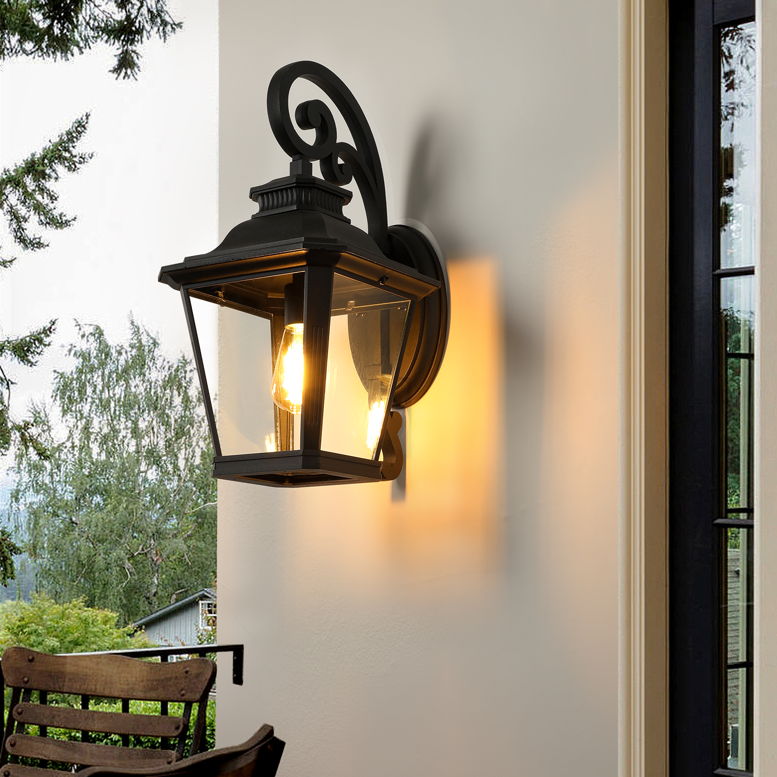 21"(H) 1-Pack Outdoor Wall Lantern Light – Vintage Black Metal & Clear Glass Sconce with Decorative Scroll Design for Porch, Patio, and Garden Lighting (Bulb Not Included) 3