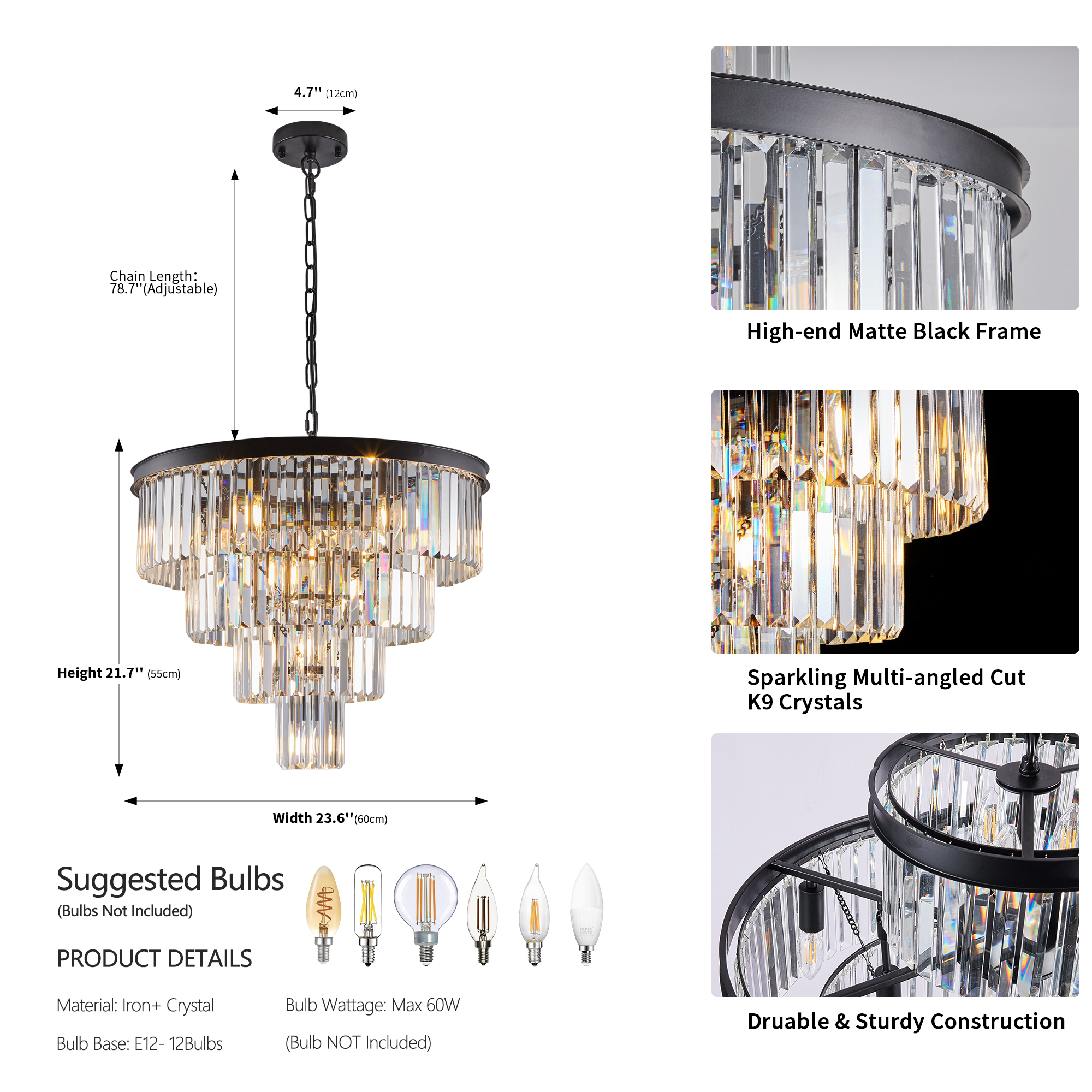 (Same as W1340P188542/L5007-600-B) 24" Contemporary Crystal Modern Chandeliers Crystal Ceiling Chandelier 4 Tier Black Chandelier Lighting for Dining Room Living Room Bedroom (Bulbs Not included) — foto 6