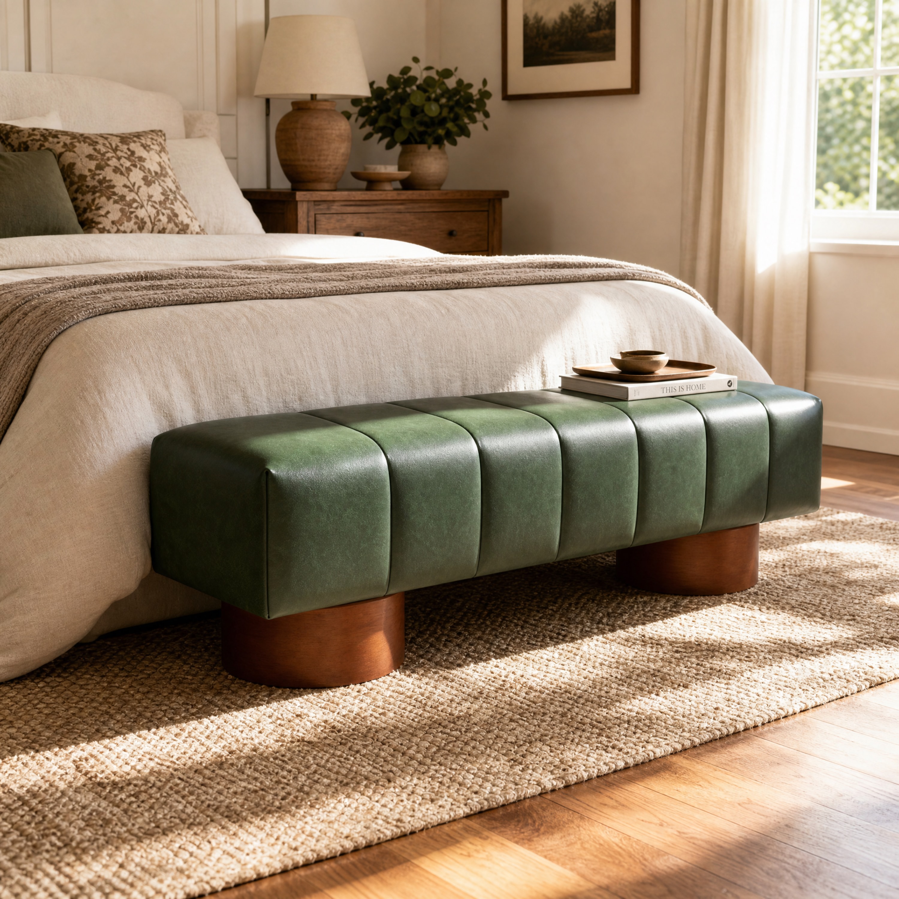 Green PU Upholstered Dining Bench