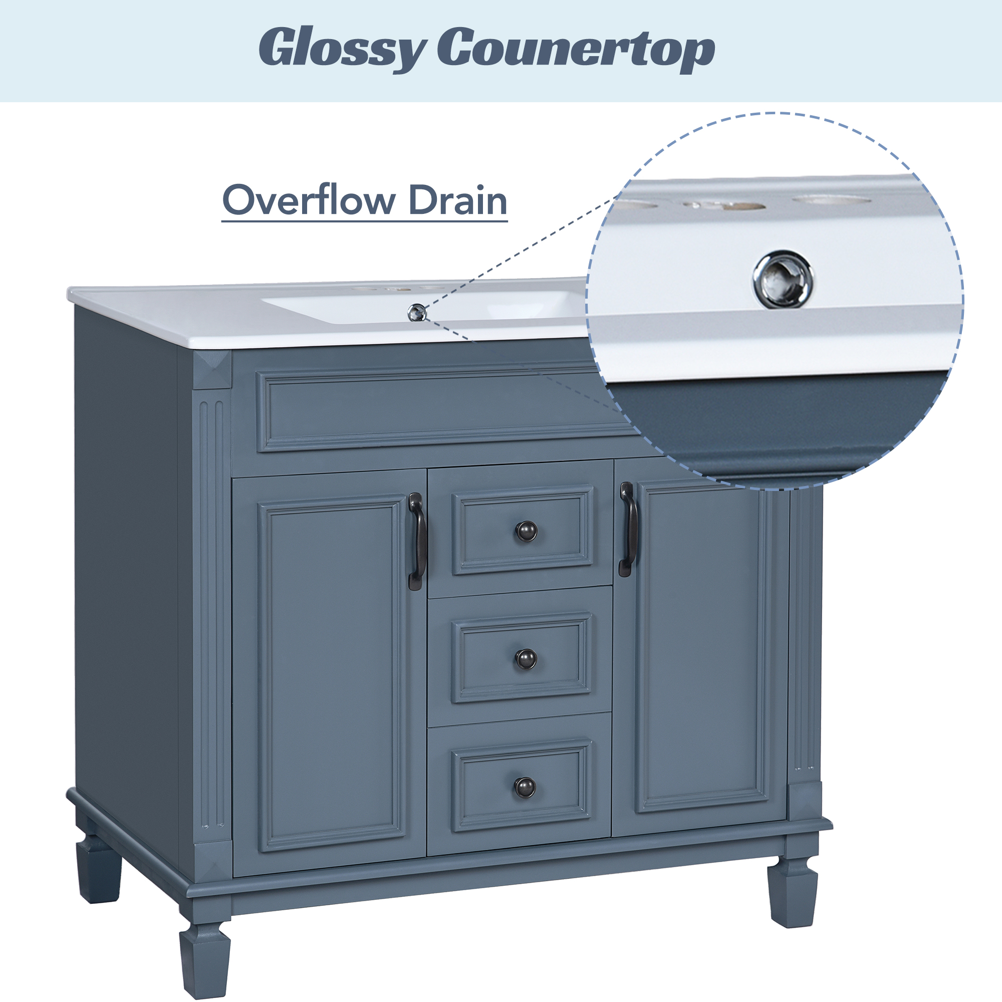 36'' Bathroom Vanity with Top Sink, Royal Blue Mirror Cabinet, Modern Bathroom Storage Cabinet with 2 Soft Closing Doors, Single Sink Bathroom Vanity — foto 2
