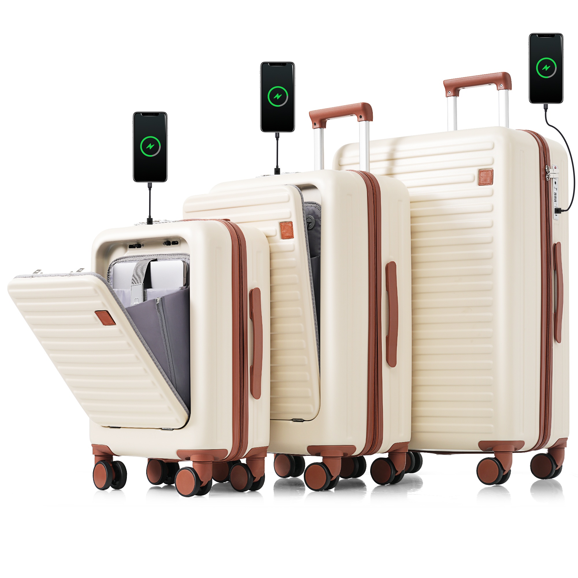 Luggage Set of 3, 20, 24,  28inch with USB Port,  20, 24inch with front opening design Airline Certified Carry on Luggage with Cup Holder, ABS Hard Shell Luggage with Spinner Wheels, ivory and brown — foto 7