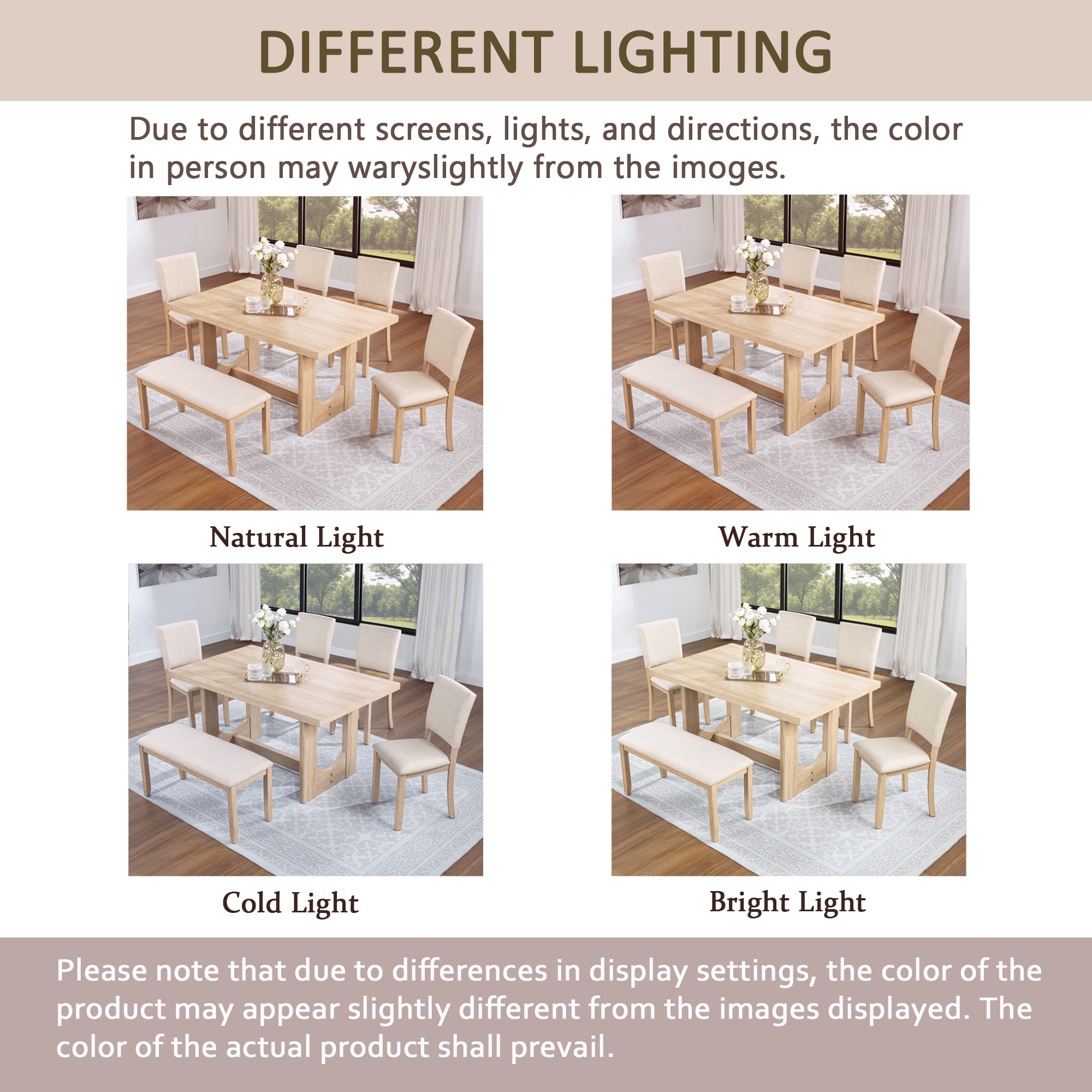 6 Piece Dining Table Set with Bench, Wooden Rectangular Kitchen Table Set with Bench and 4 Upholstered Chairs for Living Room, Kitchen, Dining Room, U-shaped base, Light Oak & Beige