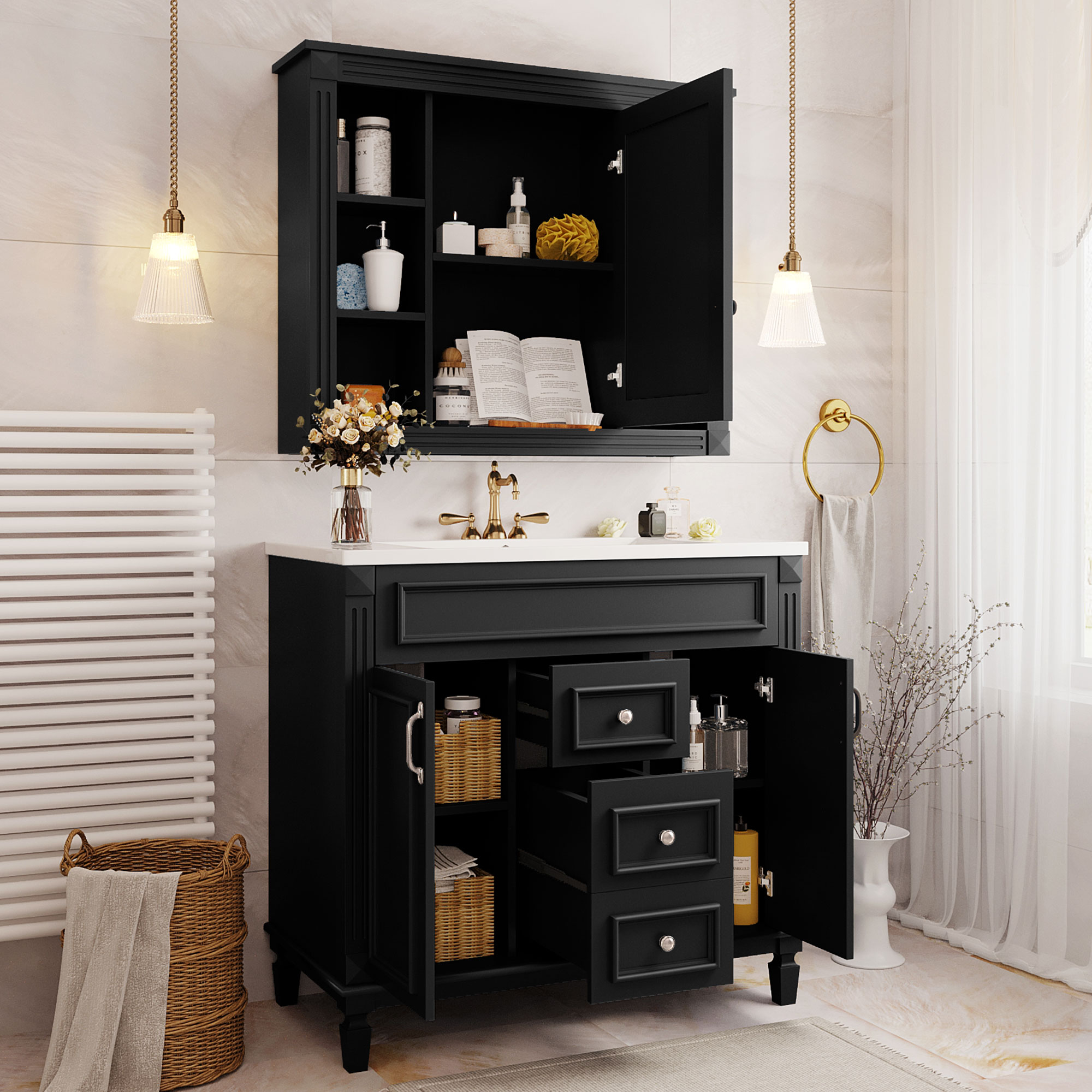 36'' Bathroom Vanity with Top Sink, Black Mirror Cabinet, Modern Bathroom Storage Cabinet with 2 Soft Closing Doors, Single Sink Bathroom Vanity — foto 3