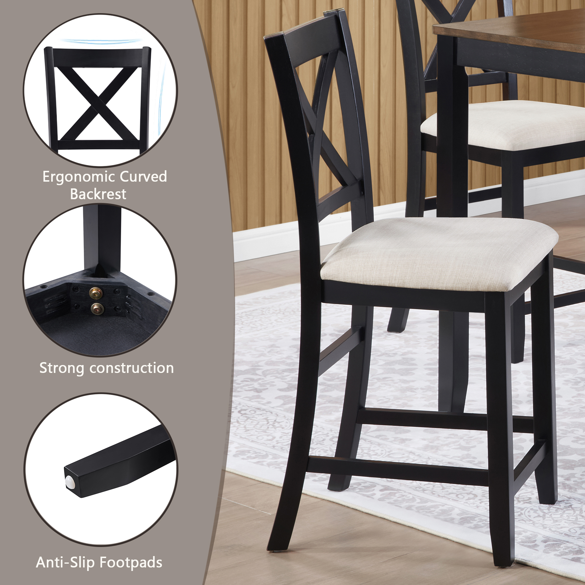 5-Piece Counter Height Dining Table Set with 4 Chairs, Classic Wooden Dining Table Set for 4, Timeless Farmhouse 4-Person Dining Table Set for Small Place, Kitchen, Dining Room, Black & Oak two tone — foto 5